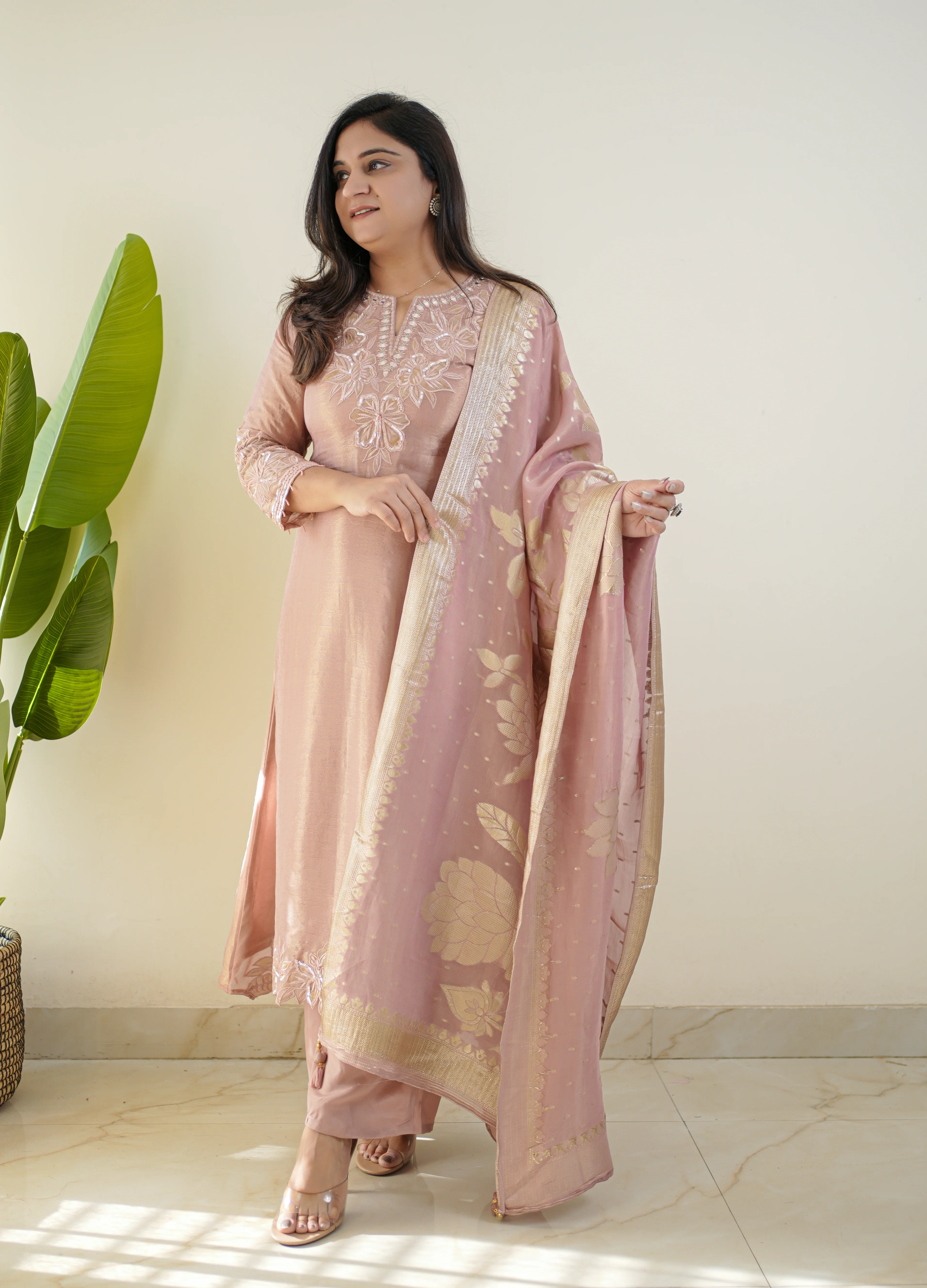 Noor Pink Asymmetric Shimmer Tissue HandEmbroidered Pant Set - Image 2