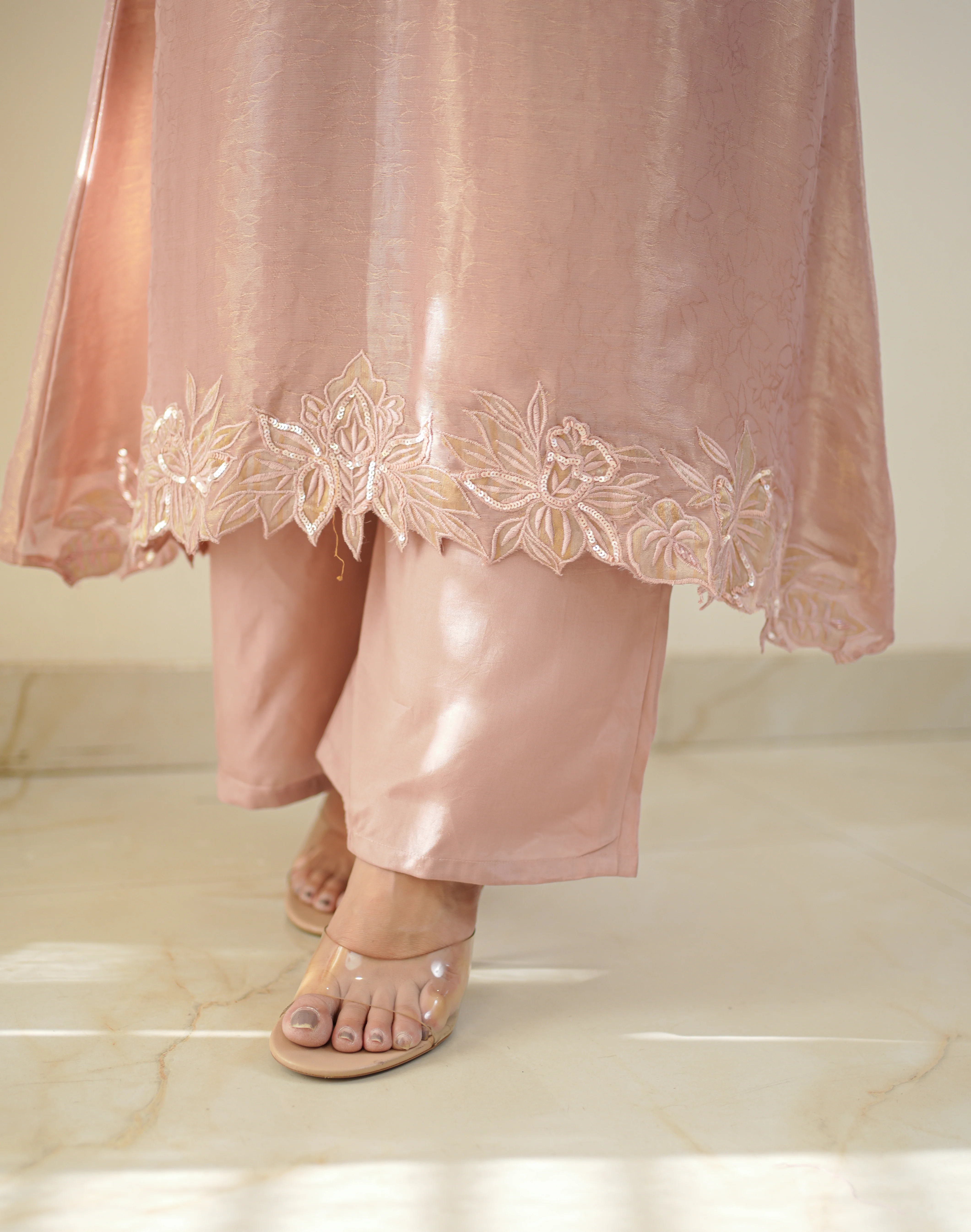 Noor Pink Asymmetric Shimmer Tissue HandEmbroidered Pant Set - Image 5