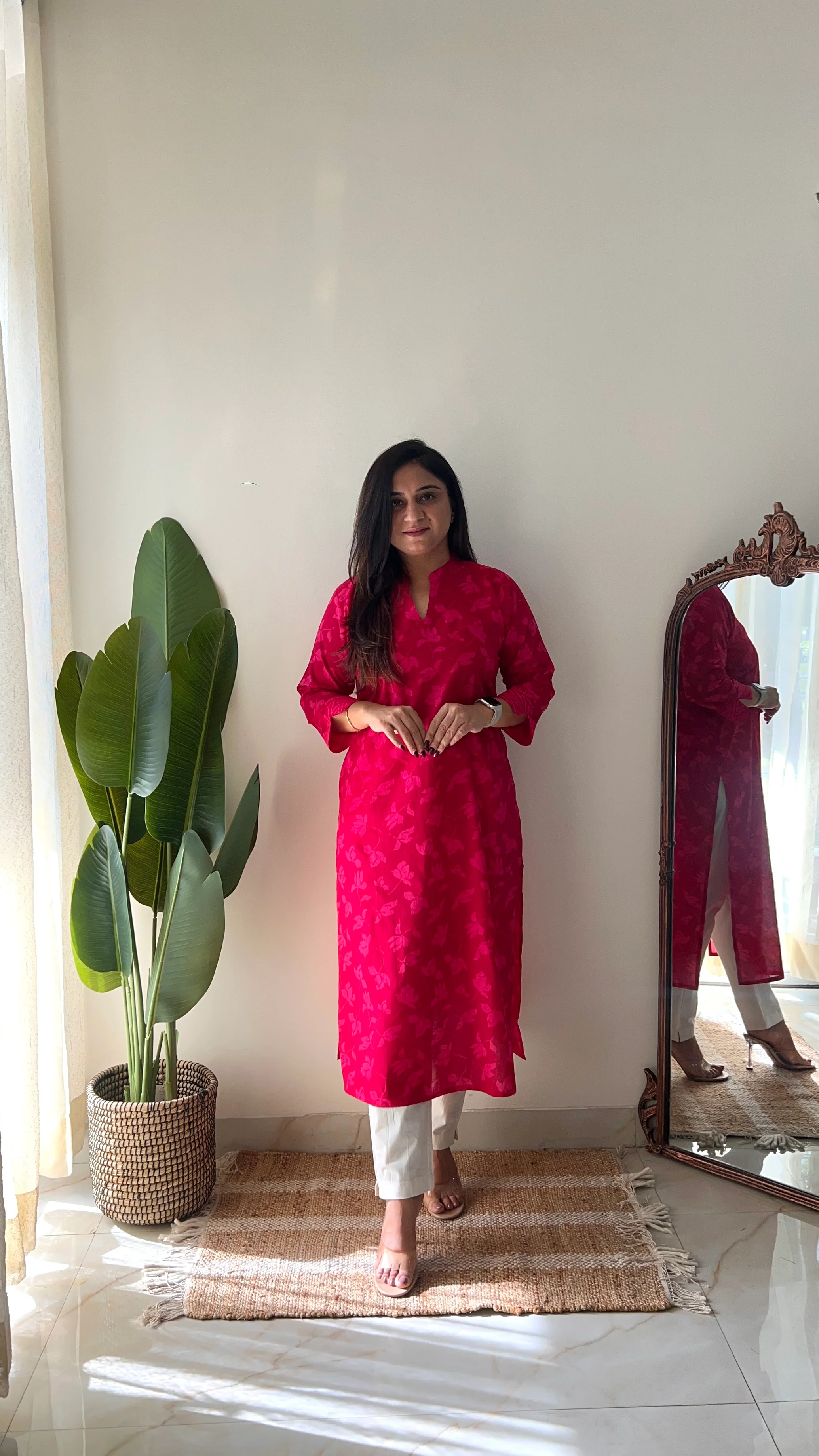 Pink Floral Casual Cotton Straight Kurta