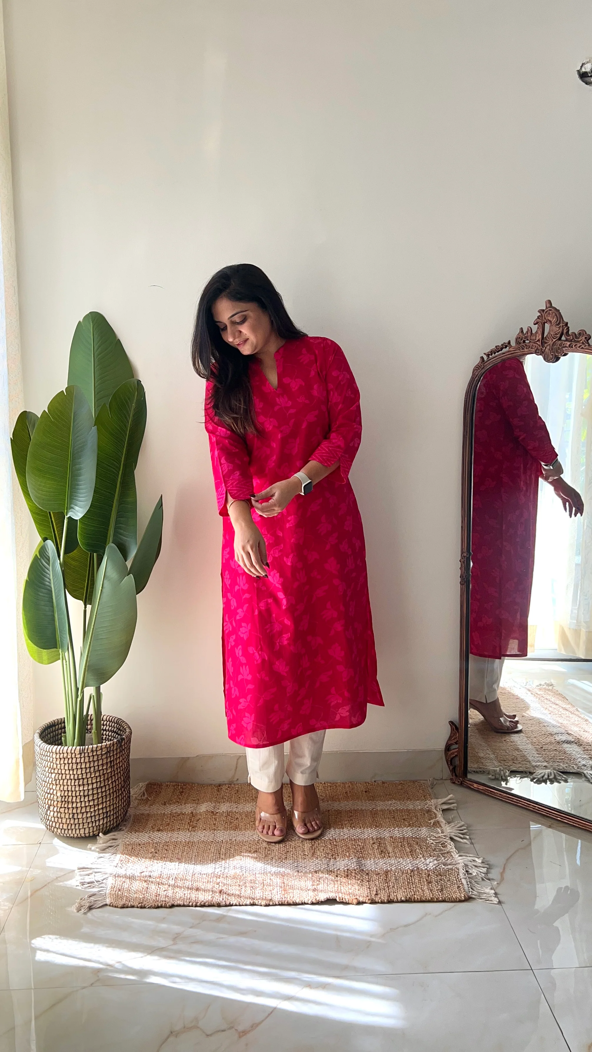 Pink Floral Casual Cotton Straight Kurta - Image 5