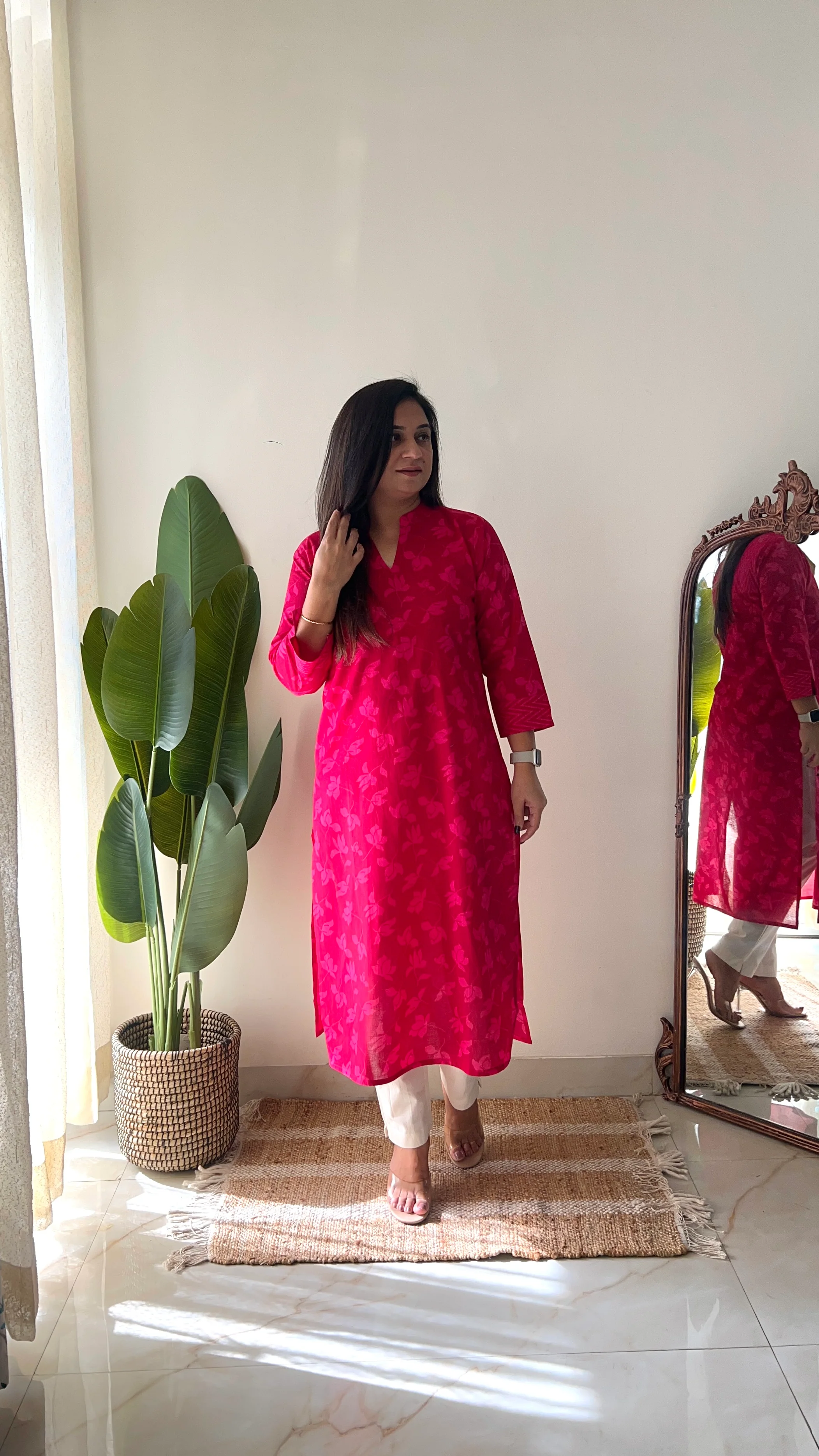 Pink Floral Casual Cotton Straight Kurta - Image 6