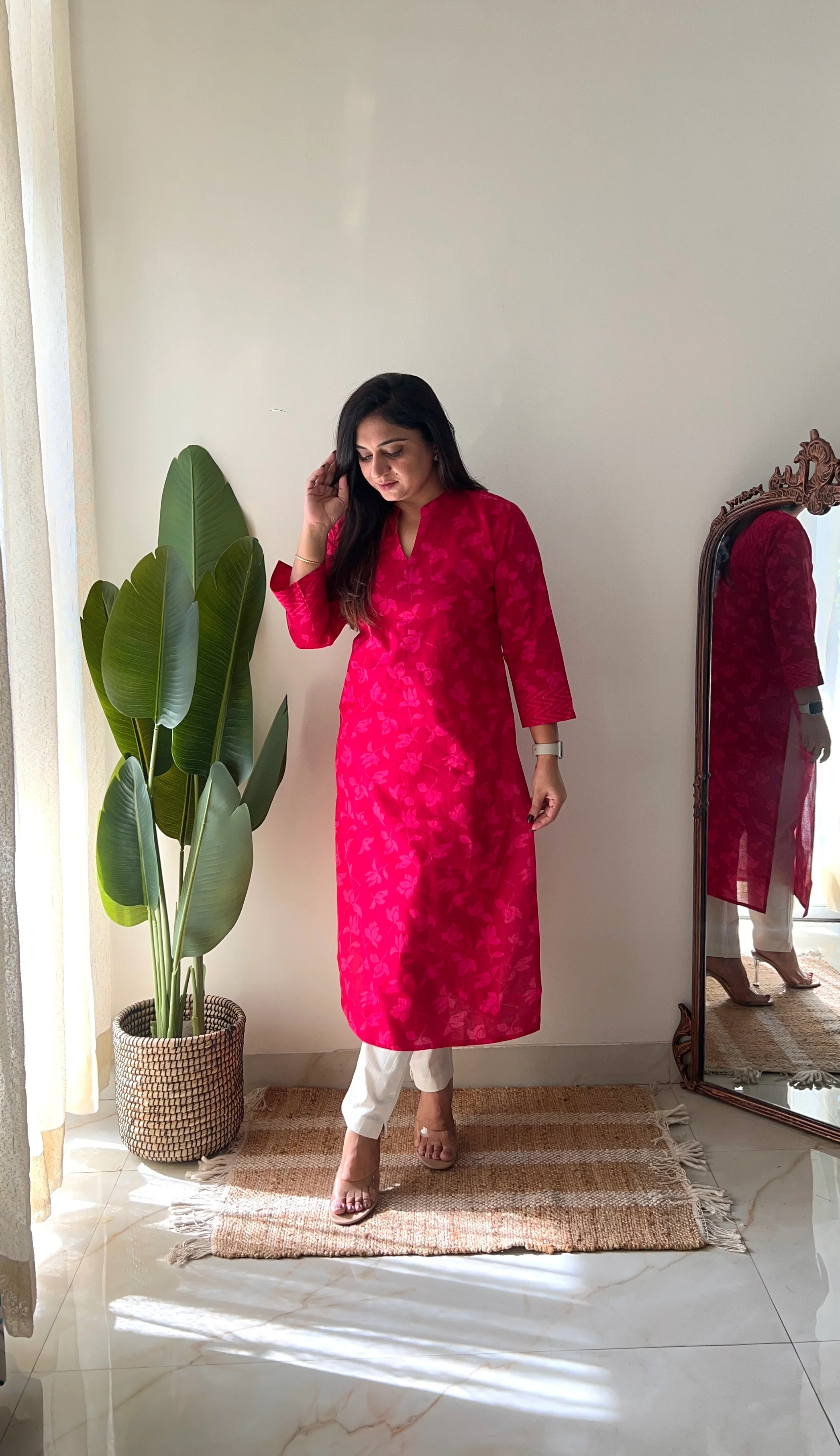Pink Floral Casual Cotton Straight Kurta - Image 7