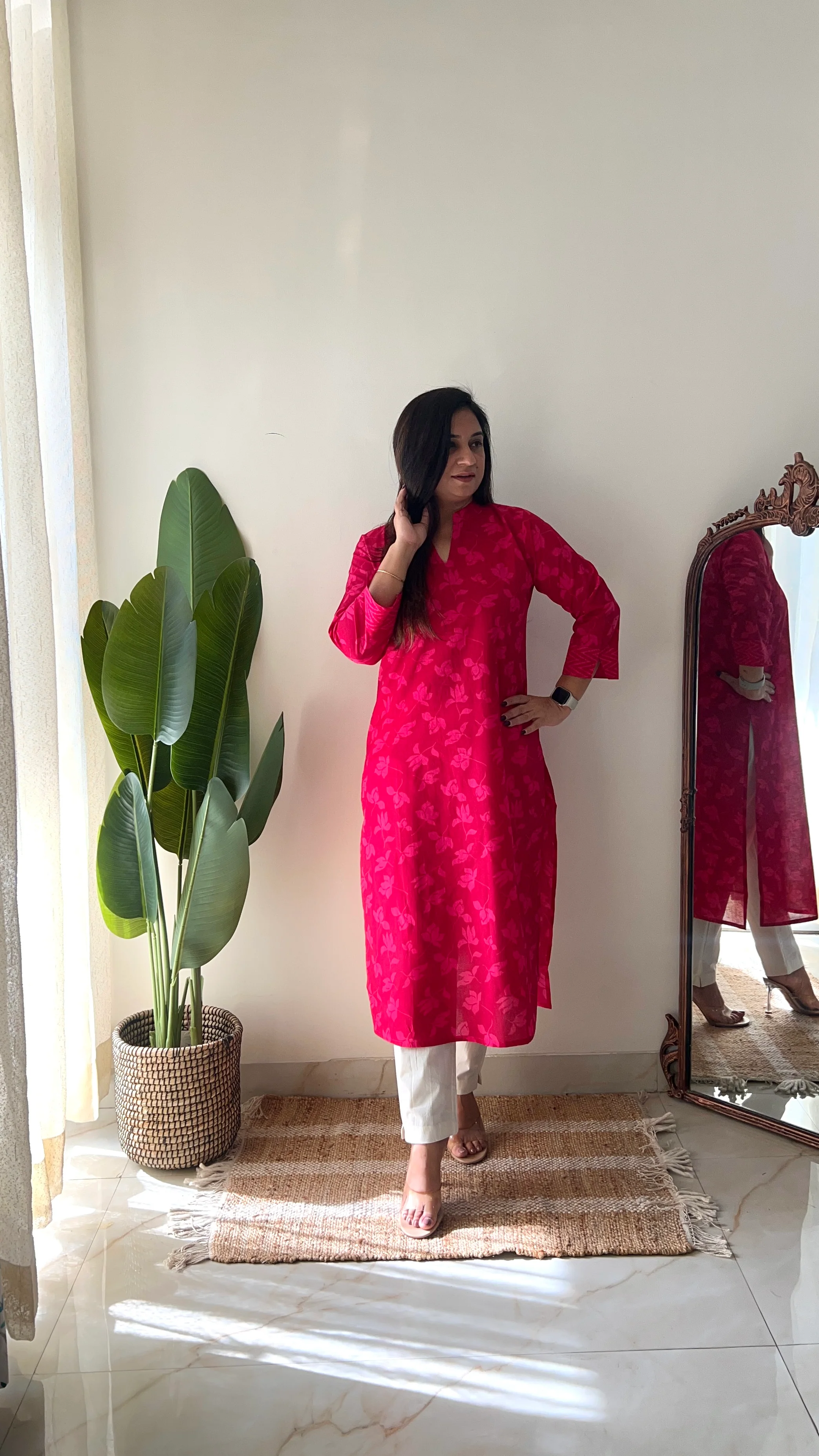 Pink Floral Casual Cotton Straight Kurta - Image 8