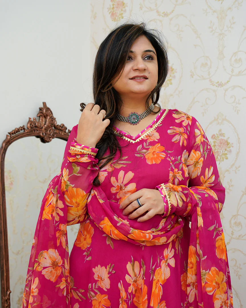 Pink Poppy Floral Chiffon Anarkali Set - Image 7