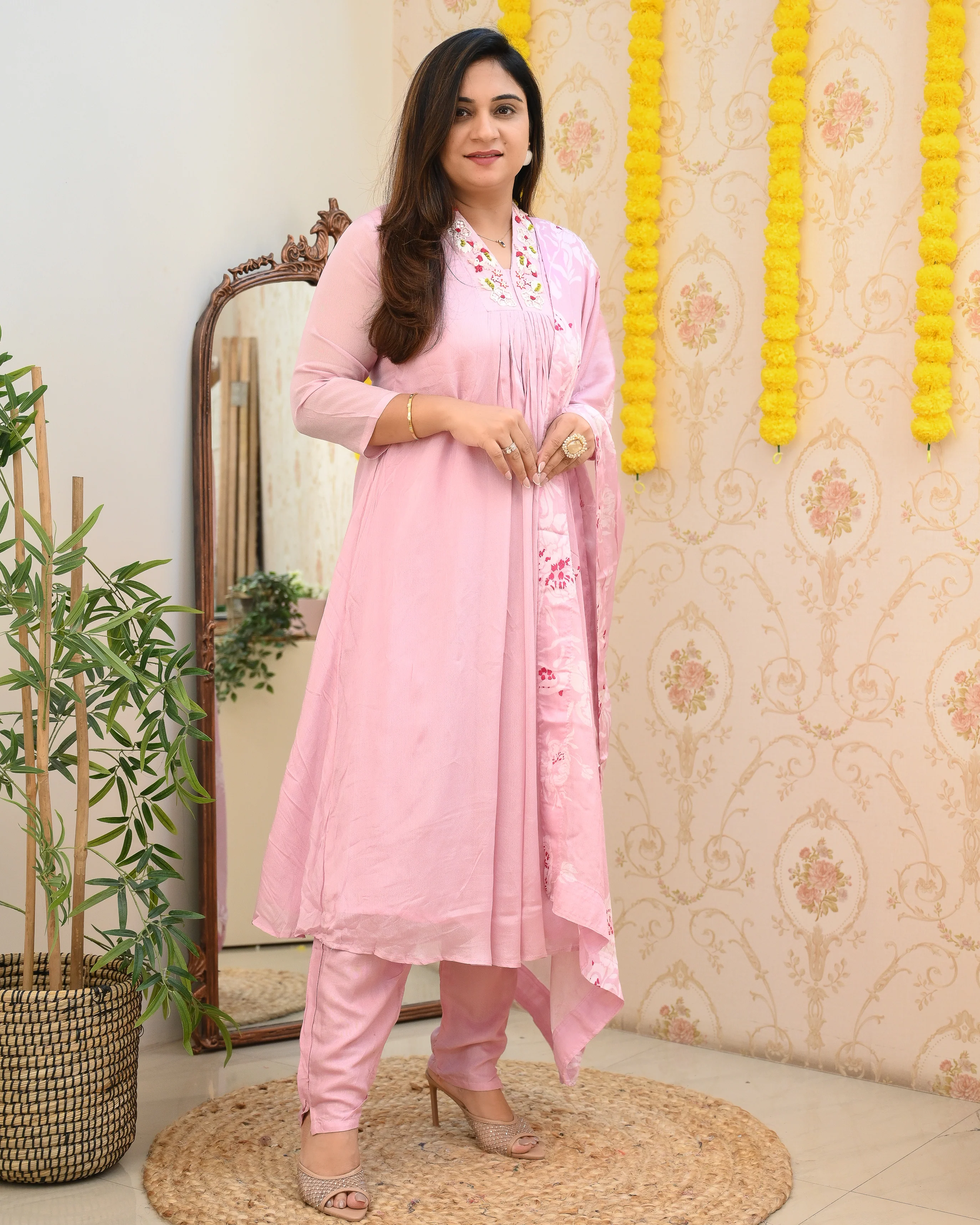 Premium Chinnon Hand Embroidered A-line Pant Set - Image 12