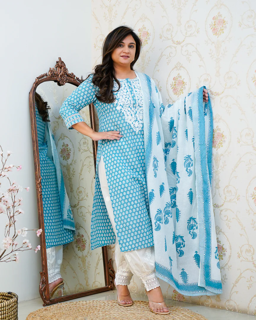 Premium Cotton Handblock Lucknowi Afgani Set - Image 11