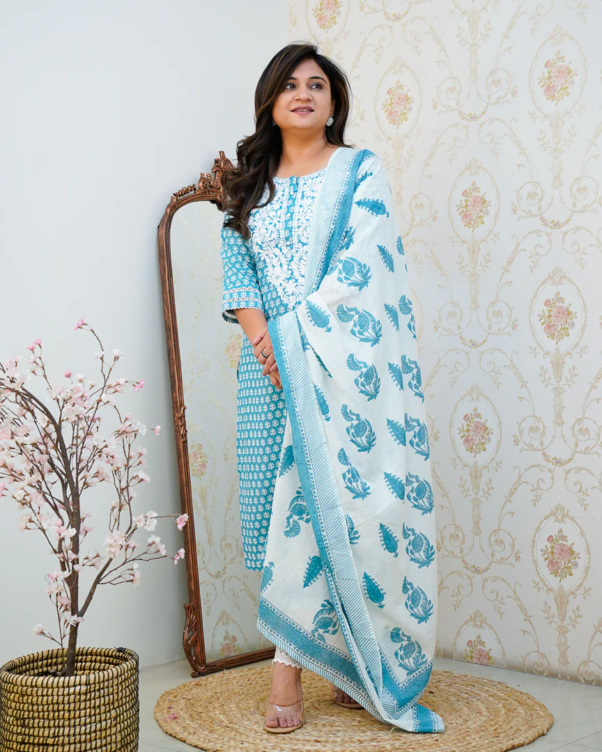 Premium Cotton Handblock Lucknowi Afgani Set - Image 12
