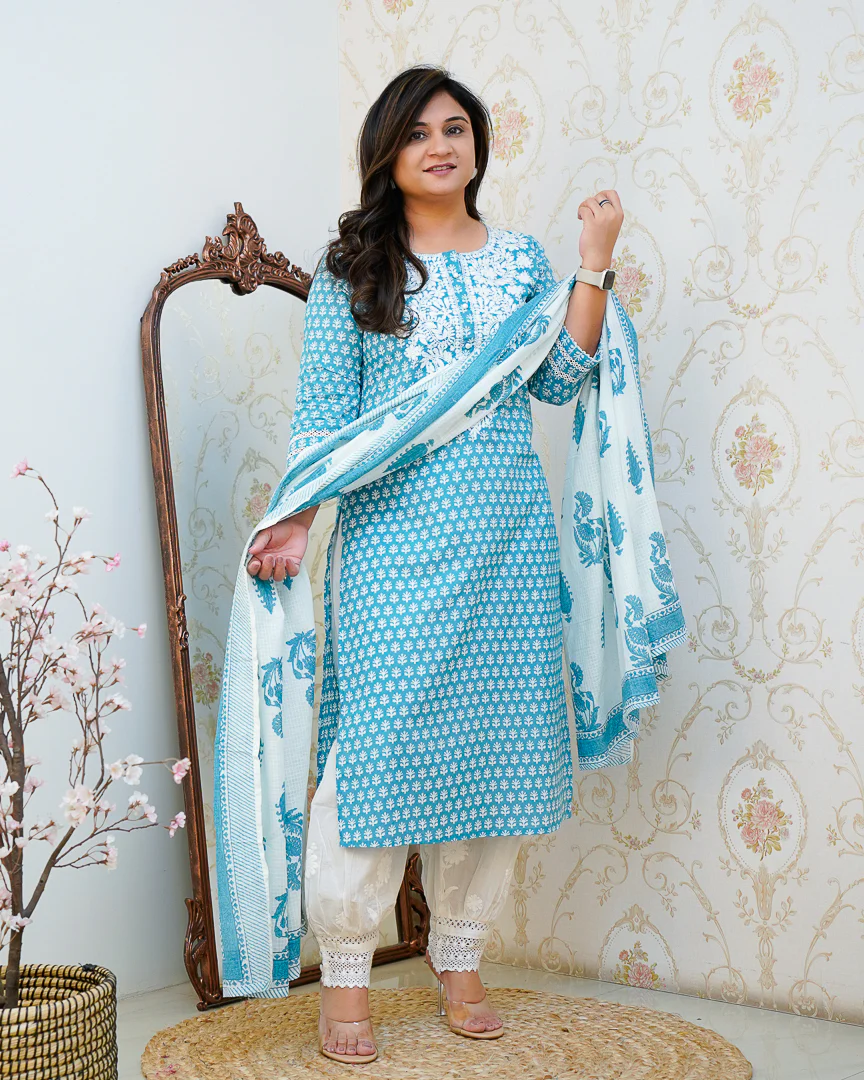 Premium Cotton Handblock Lucknowi Afgani Set - Image 13