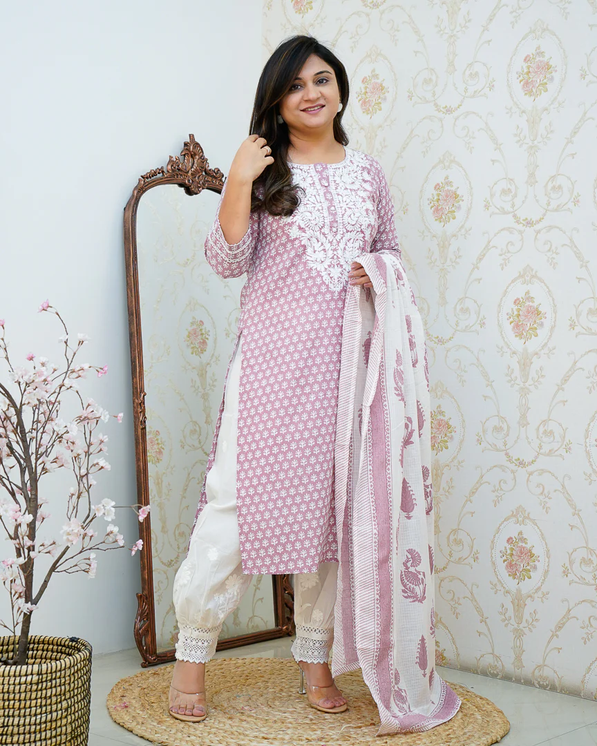 Premium Cotton Handblock Lucknowi Afgani Set - Image 3