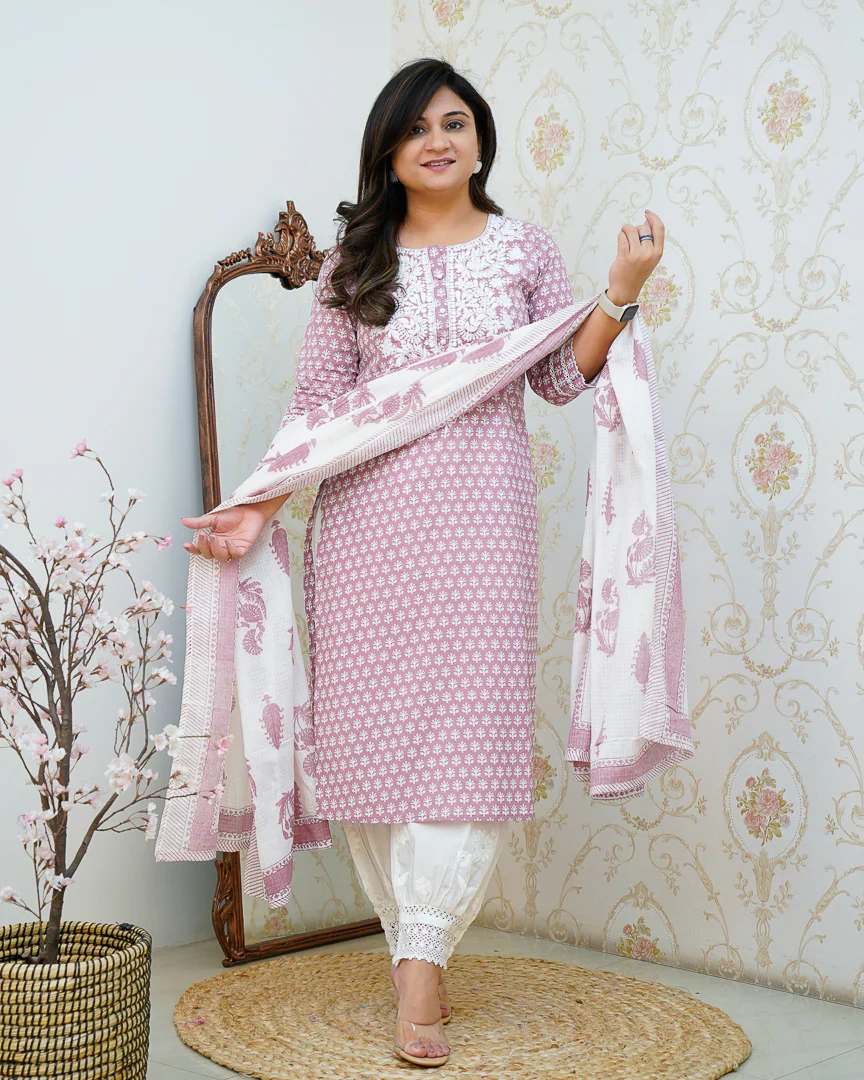 Premium Cotton Handblock Lucknowi Afgani Set - Image 4