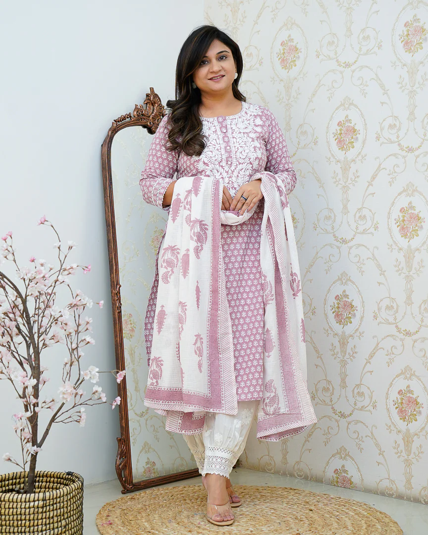 Premium Cotton Handblock Lucknowi Afgani Set - Image 5