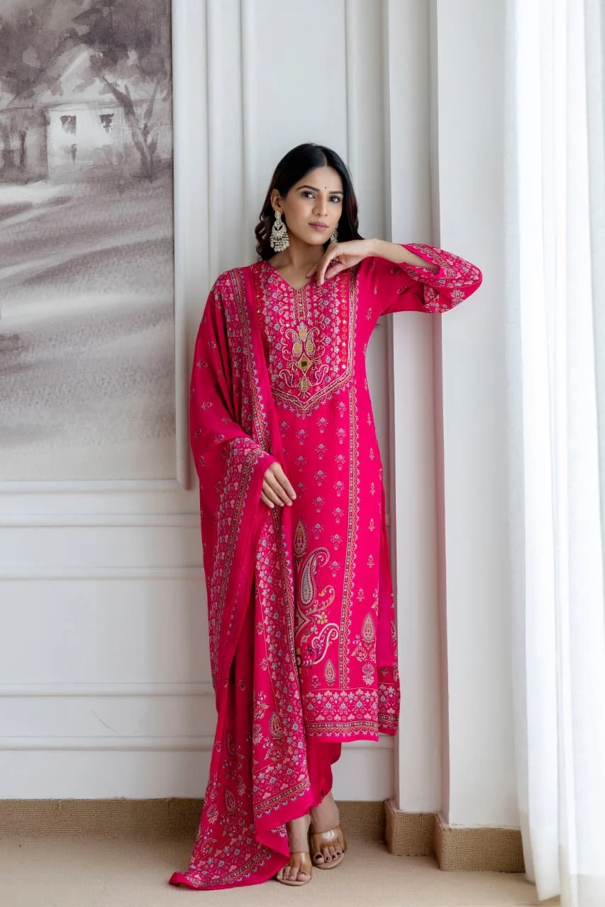 Rahma Crepe HandEmbroidered Straight Pant Set Pink