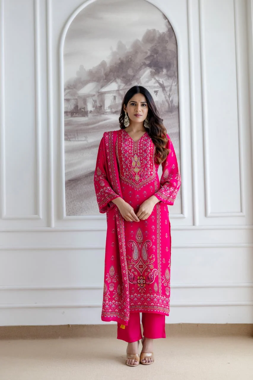 Rahma Crepe HandEmbroidered Straight Pant Set Pink - Image 2