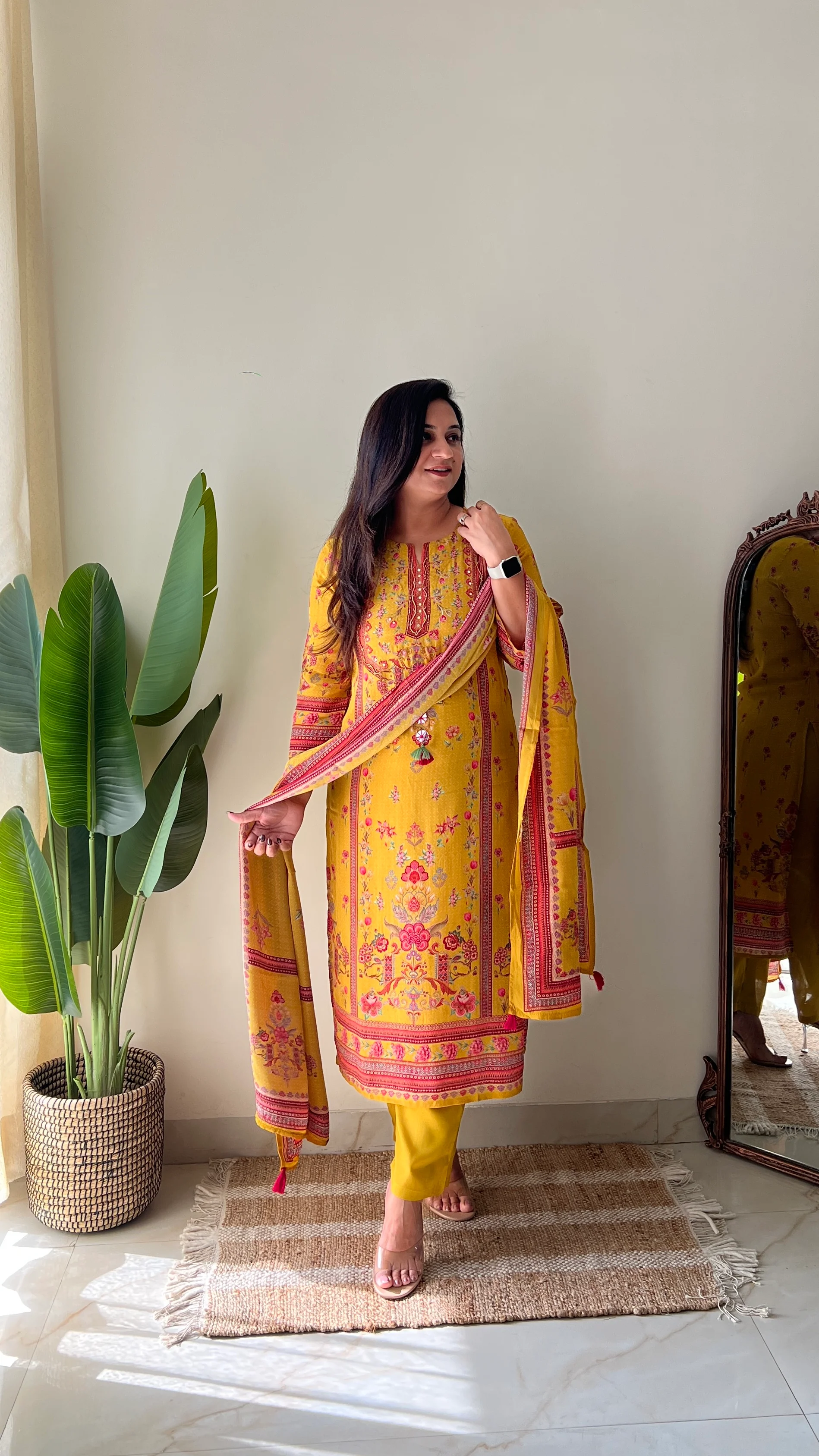 Rahma Crepe HandEmbroidered Straight Pant Set Yellow - Image 7