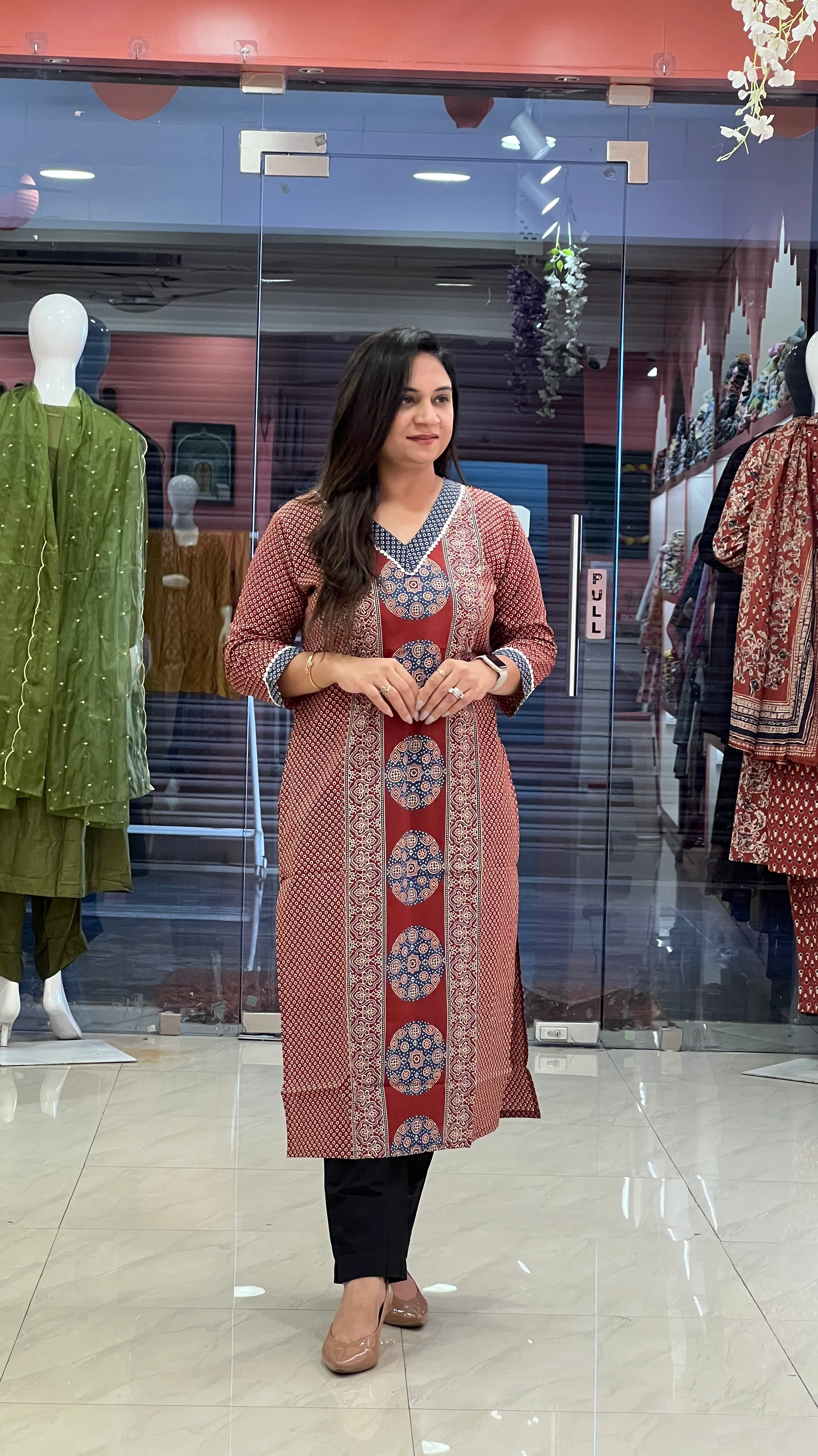 Red Ajrakh Cotton Casual Straight Kurta - Image 2