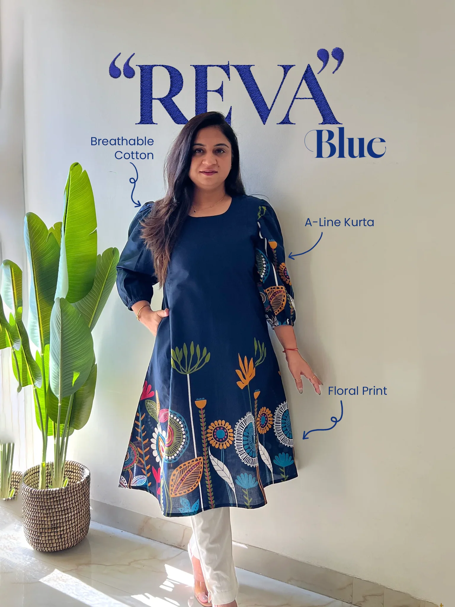 Reva Blue Cotton Floral A-line Kurta