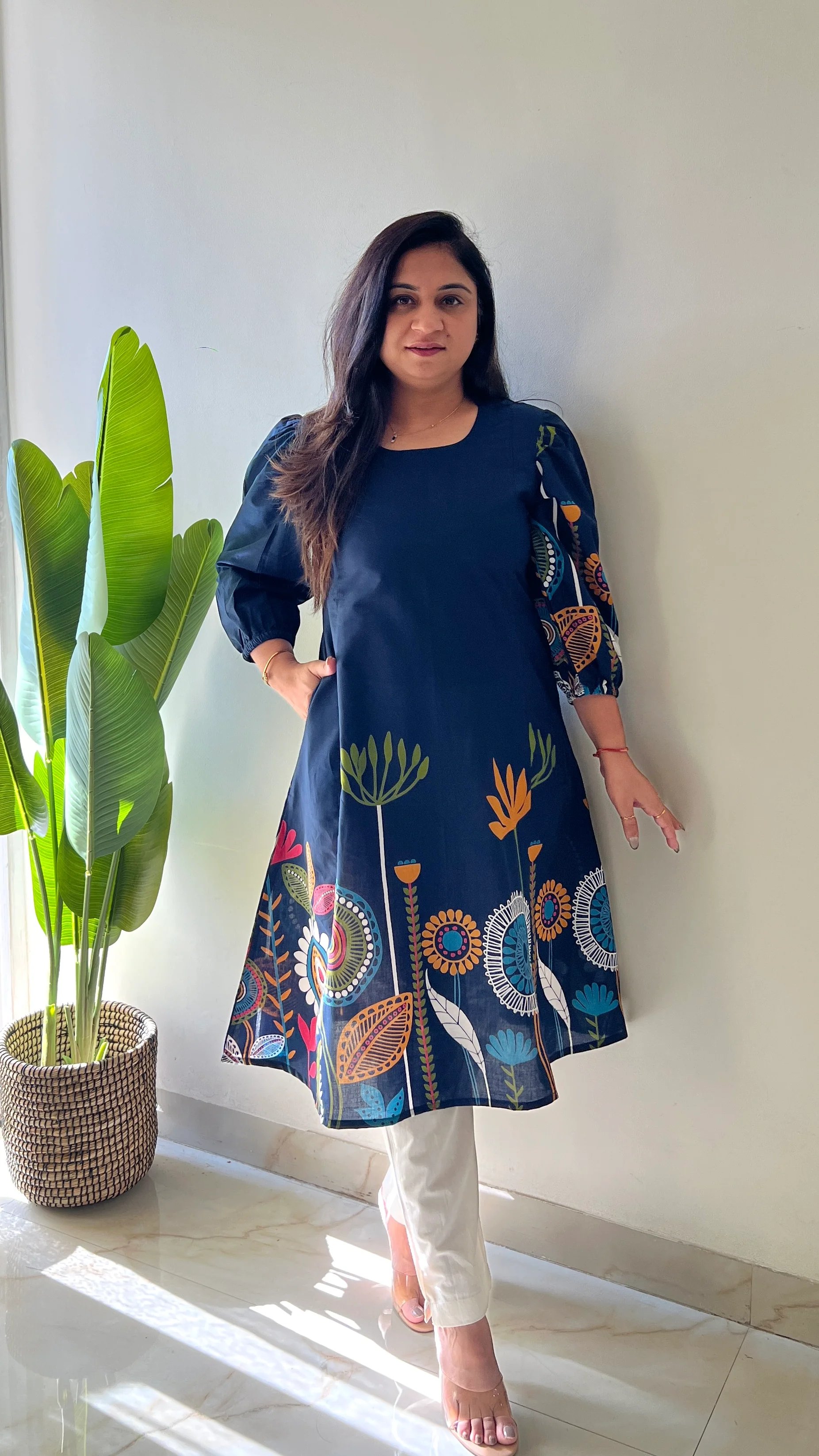 Reva Blue Cotton Floral A-line Kurta - Image 3