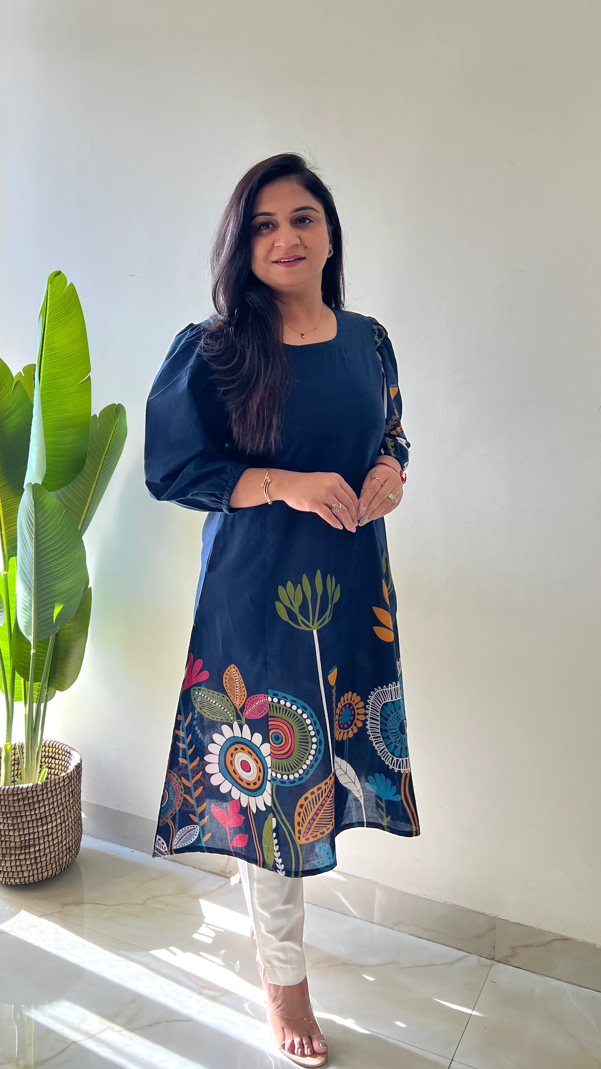 Reva Blue Cotton Floral A-line Kurta - Image 5