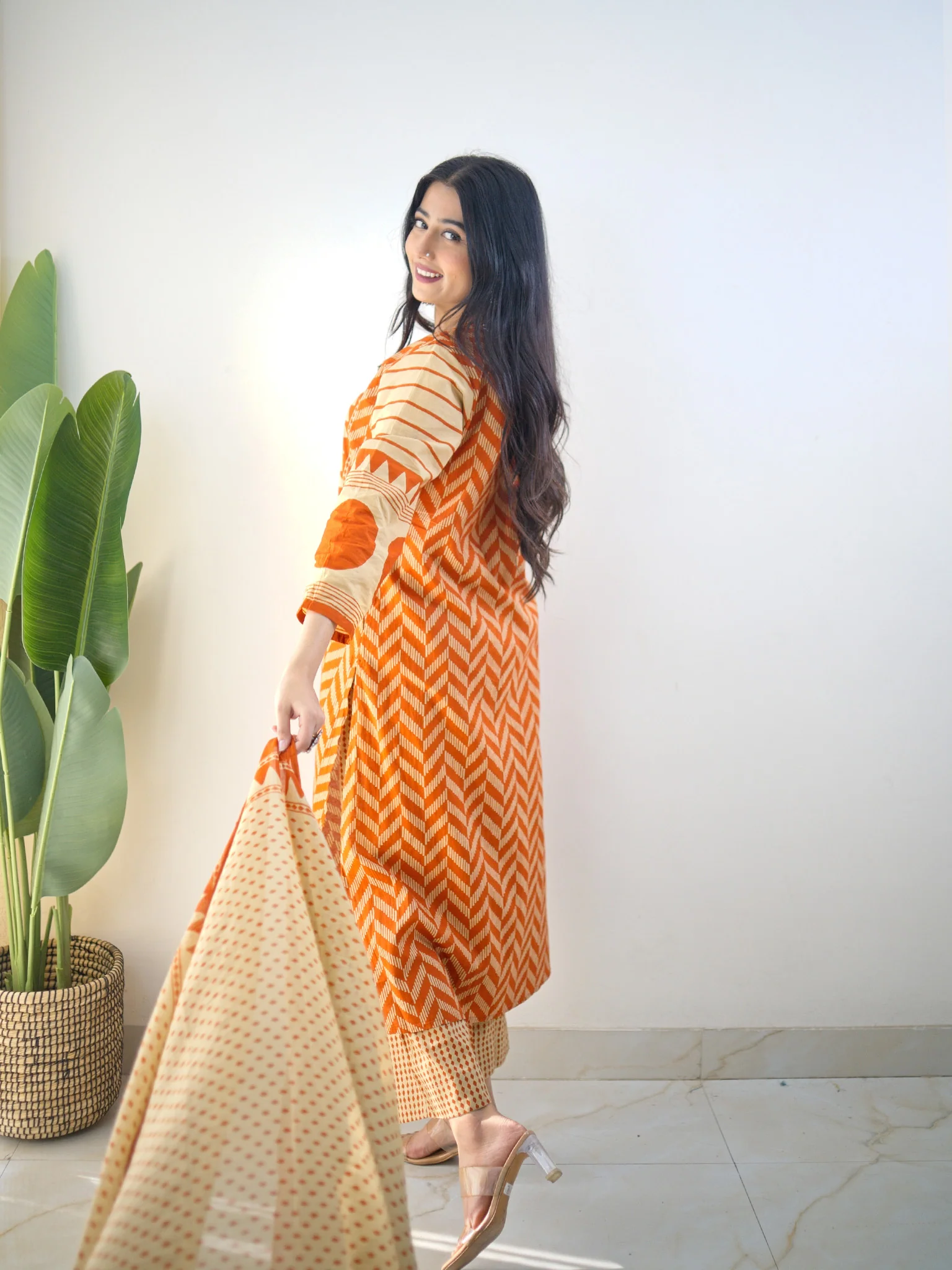 Harshi Rust Cotton Ajrakh Katha Detailed Dupatta Set - Image 6