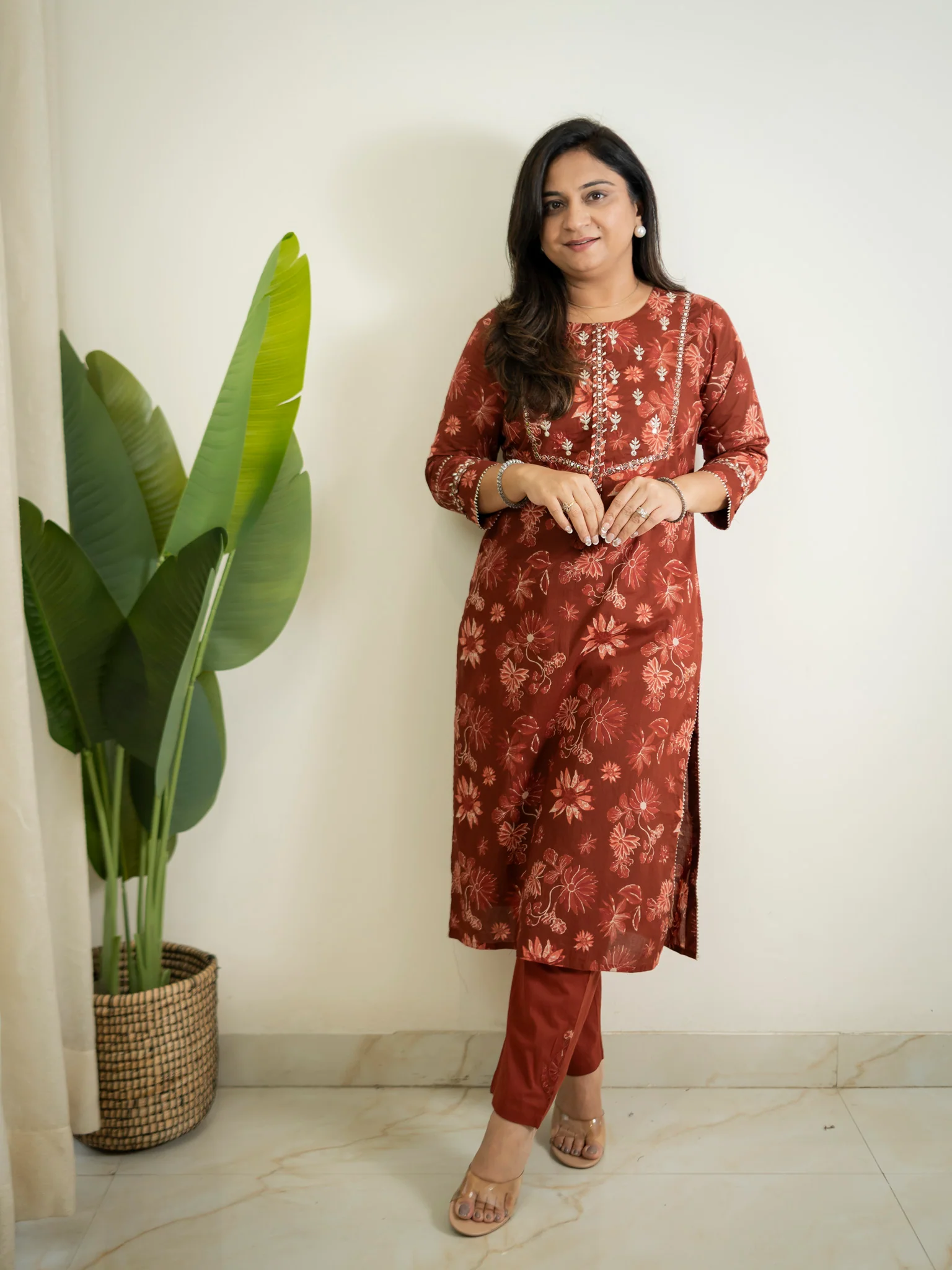 Latika Rust Cotton Applique Embroidered Casual Pant Set - Image 3