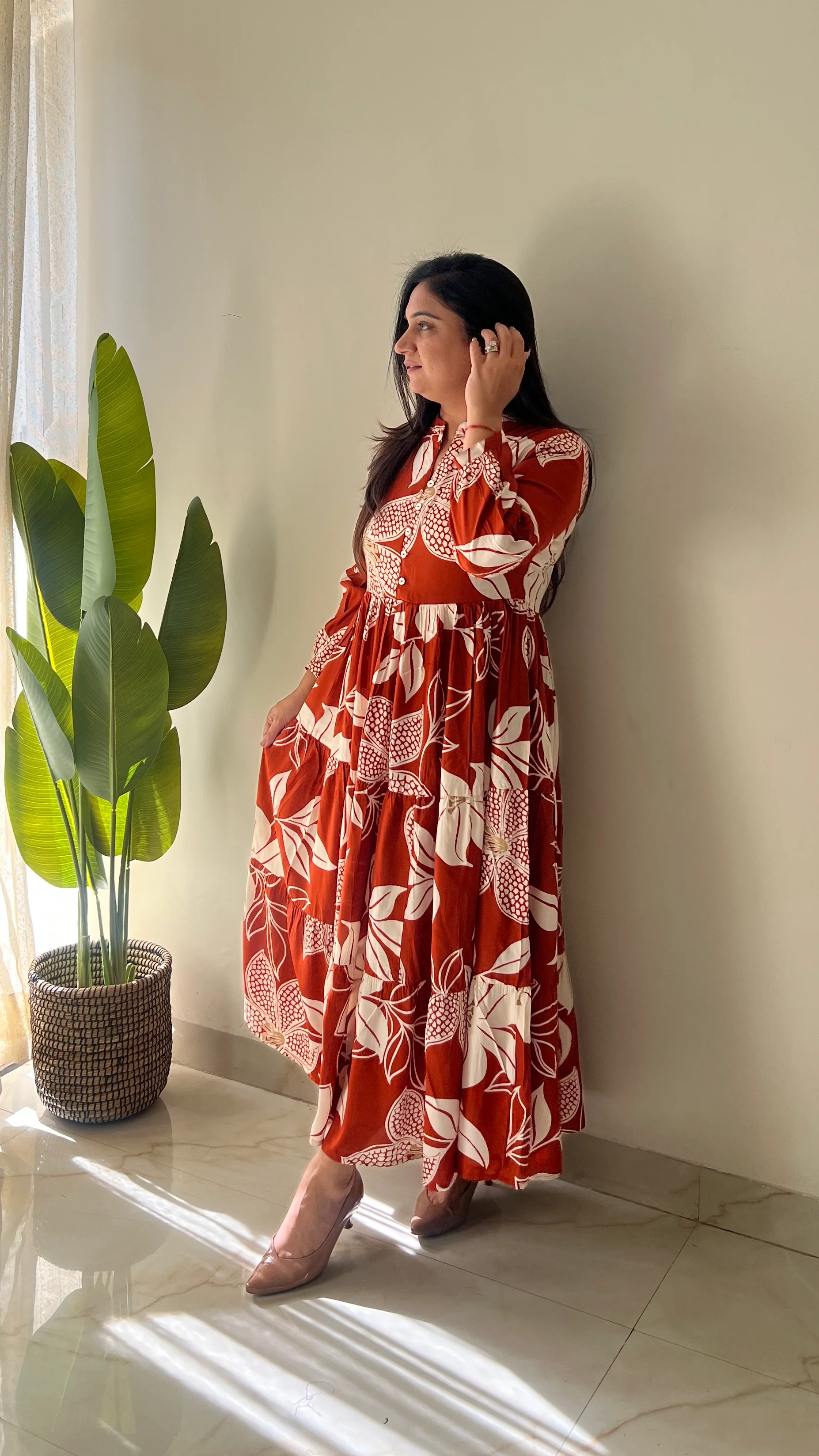 Sarfa Rust Crystal Muslin Casual Long Dress - Image 11