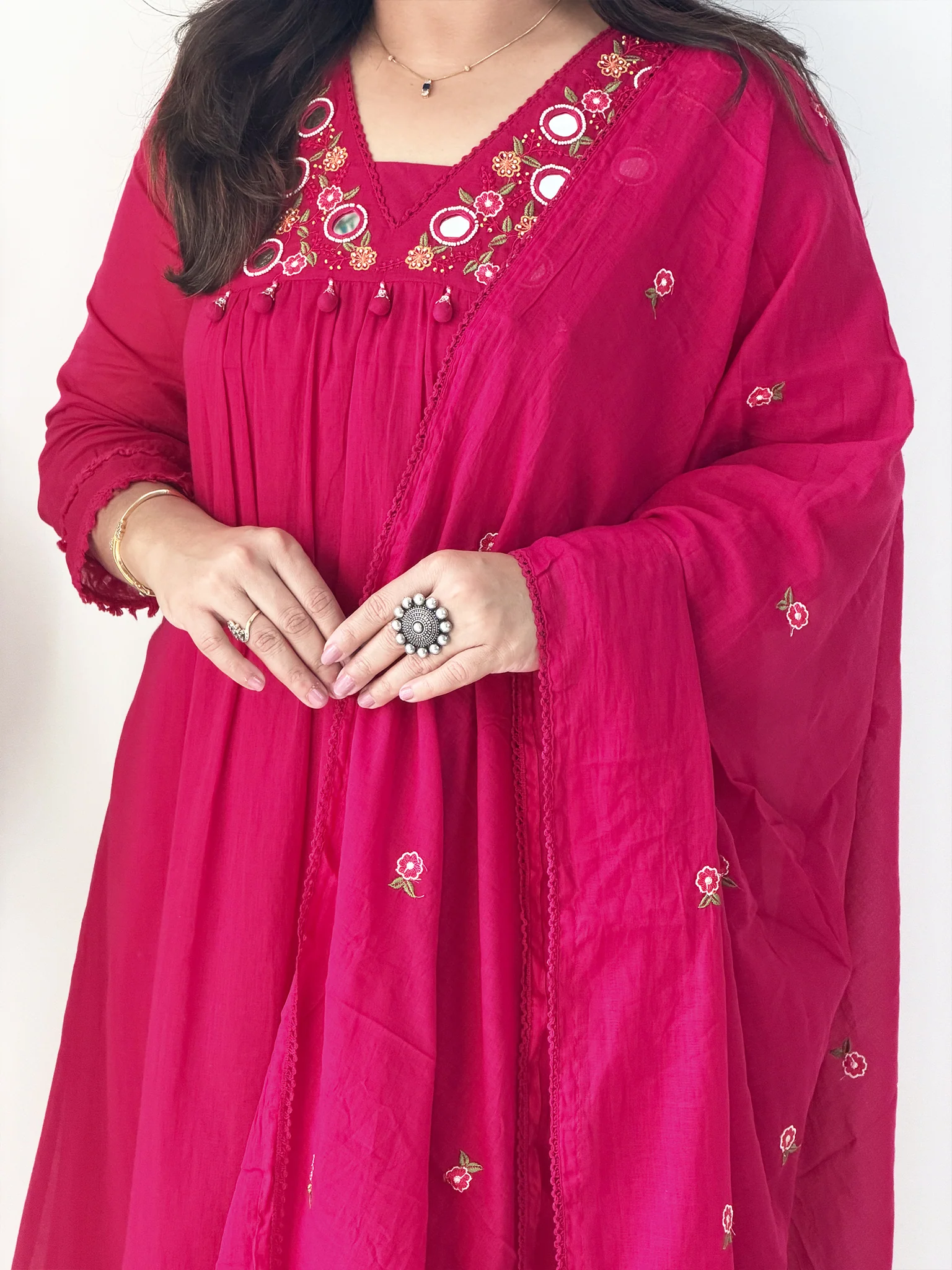 Samya Pink MulCotton HandEmbroidered A-line Pant Set - Image 9