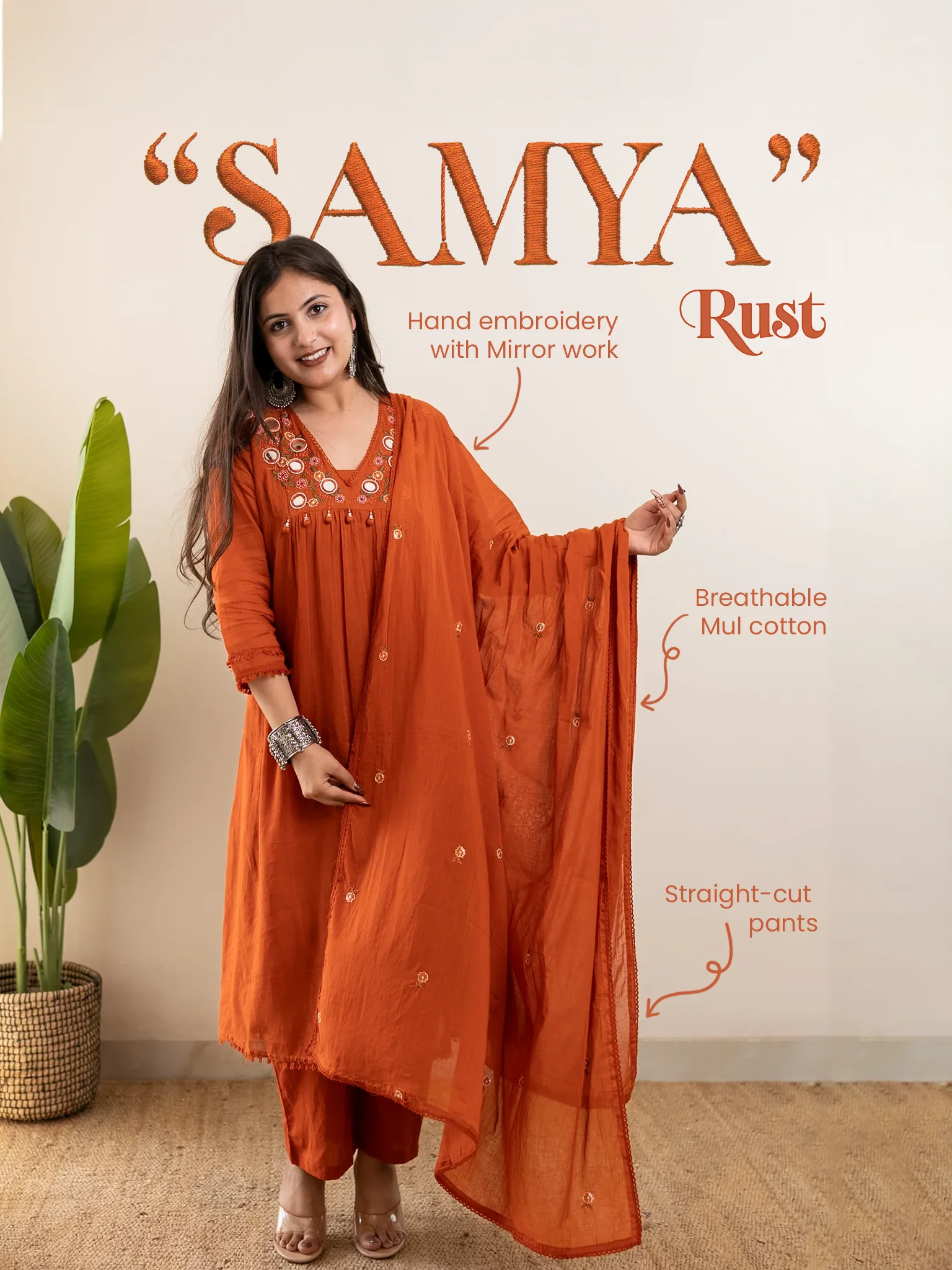 Samya Rust MulCotton HandEmbroidered A-line Pant Set - Image 11