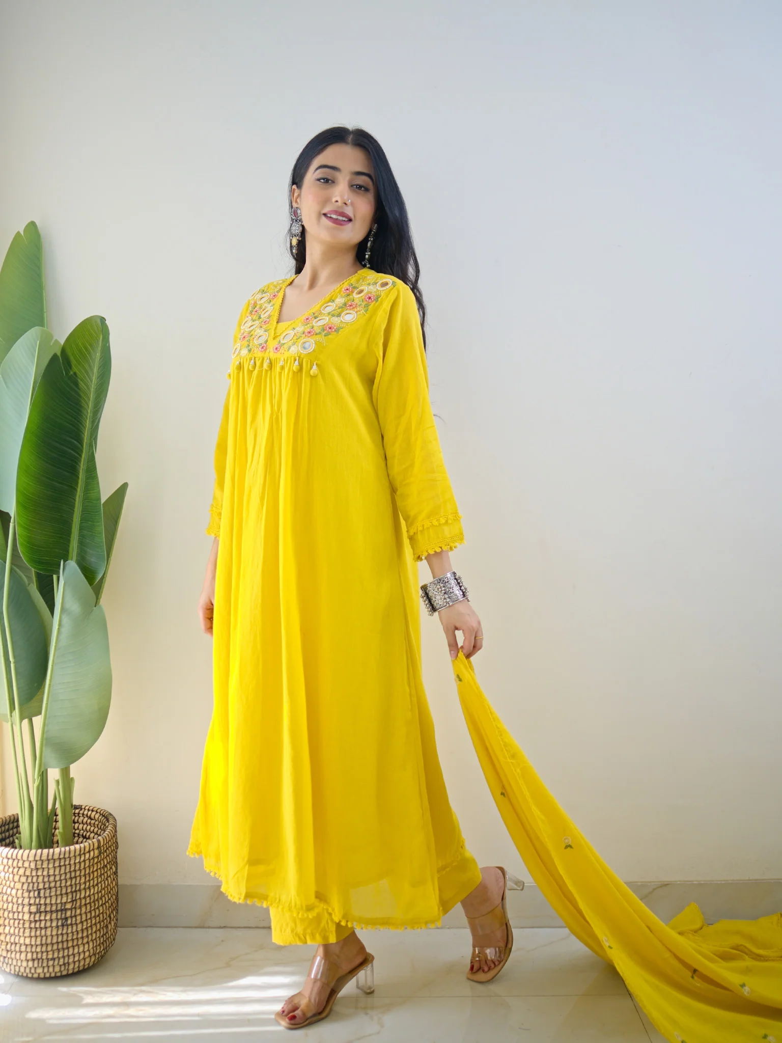 Samya Yellow MulCotton HandEmbroidered A-line Pant Set - Image 5