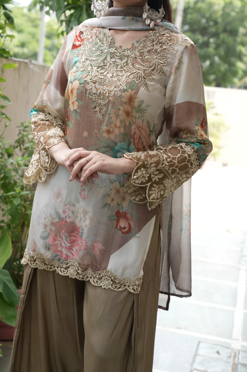 Sara Beige Premium Crepe Detailed Farshi Salwar Set - Image 8