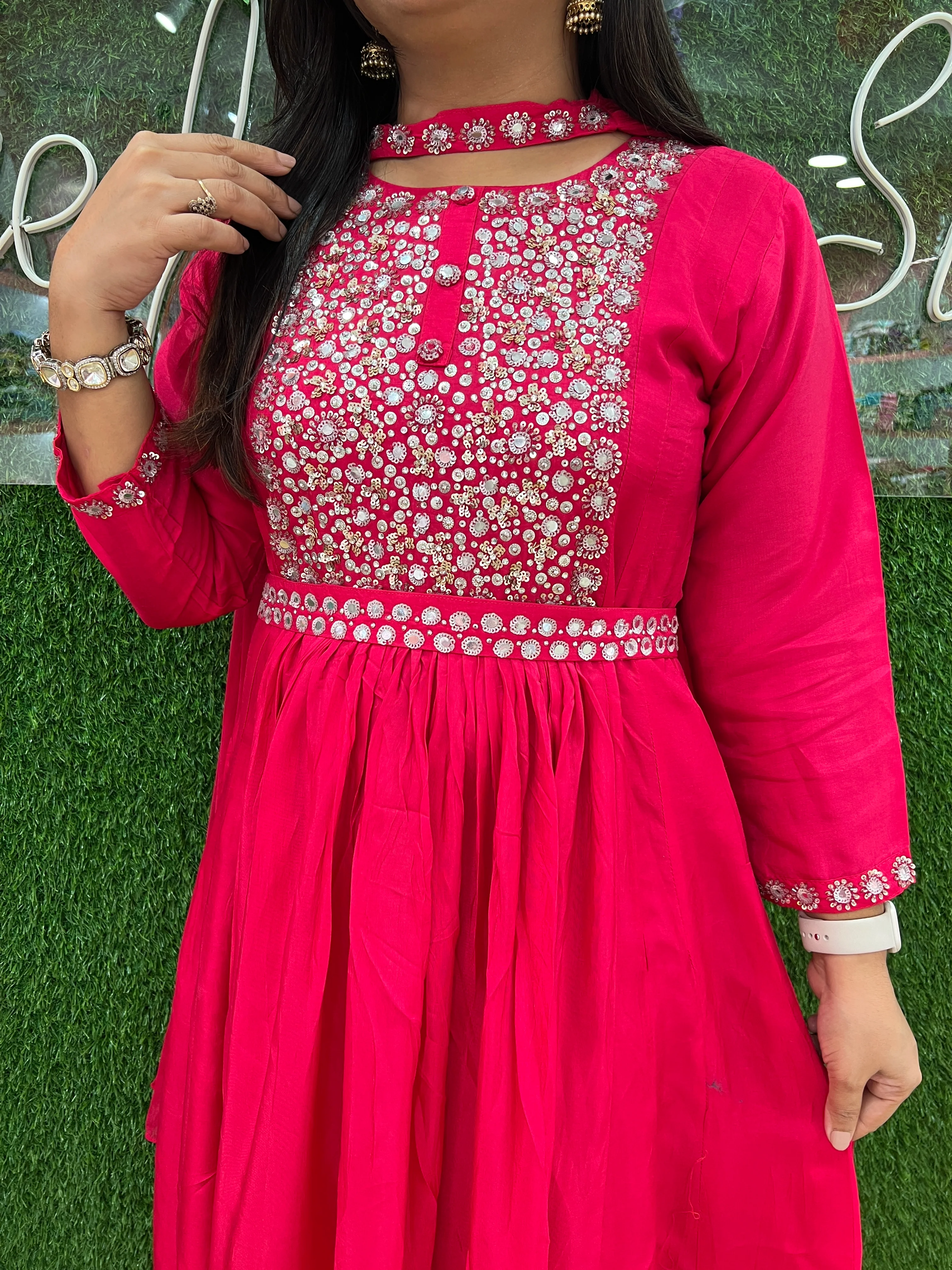 Seher Pink Hand Embroidered Muslin Long Gown - Image 3
