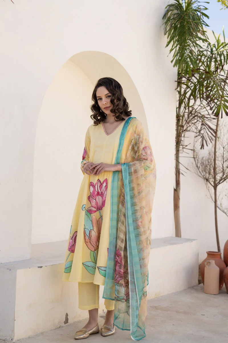 Shefali Mul Cotton HandBrush Painted Anarkali Set - Image 8