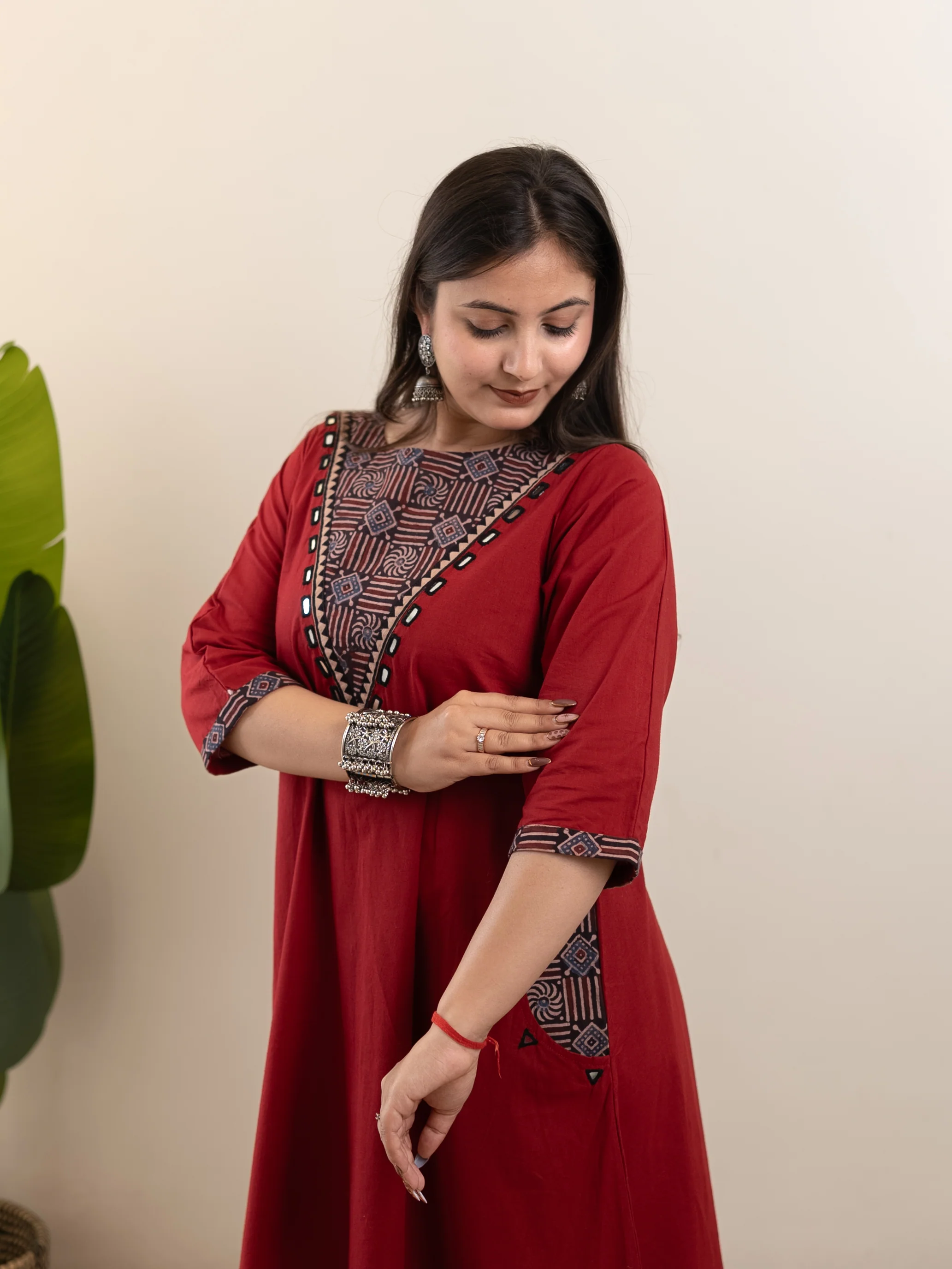 Sifra Red Cotton Ajrakh Embroidered A-line Kurta - Image 5