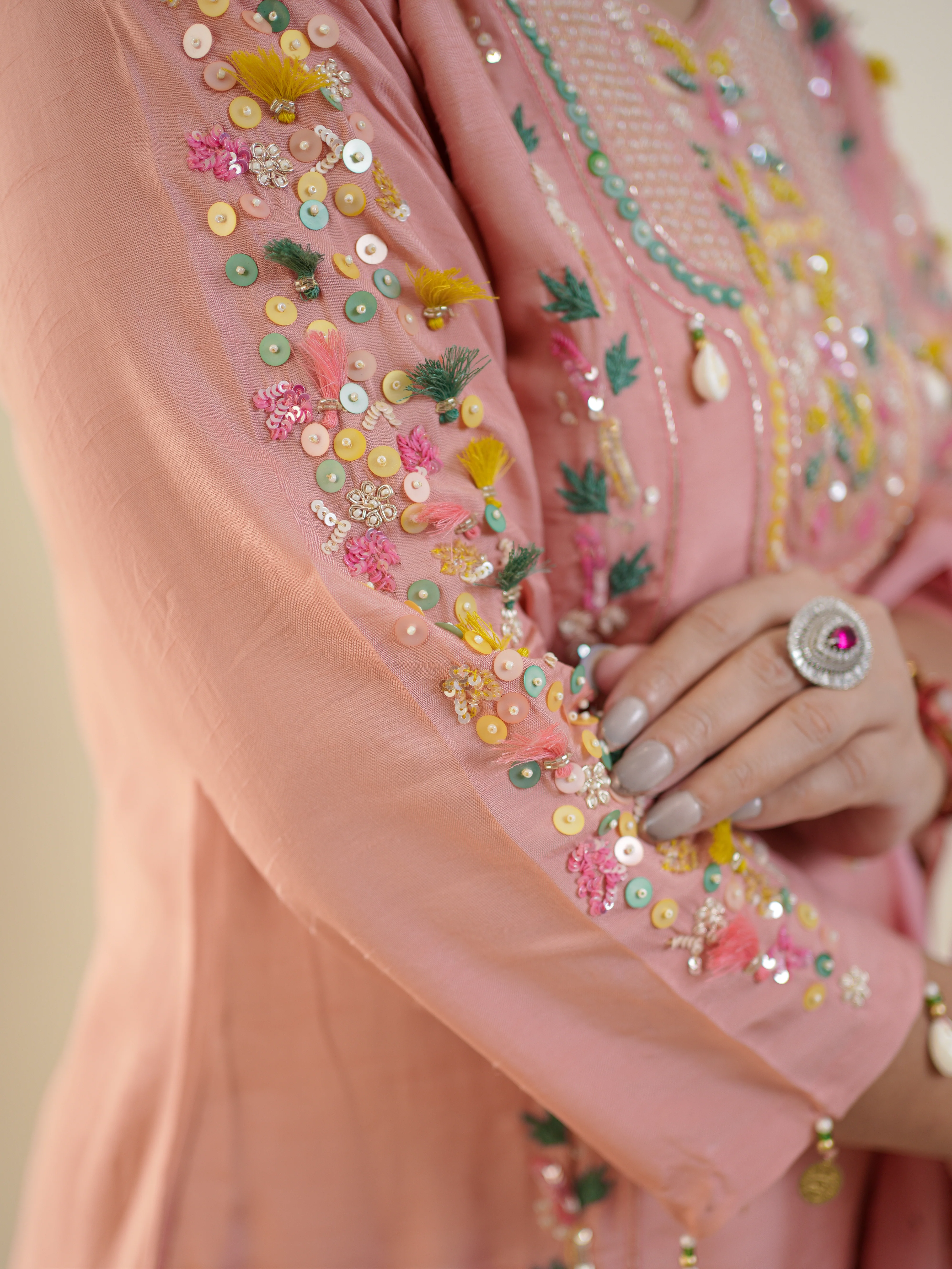Sia Pink Silk Festive HandEmbroidered Pant Set - Image 6