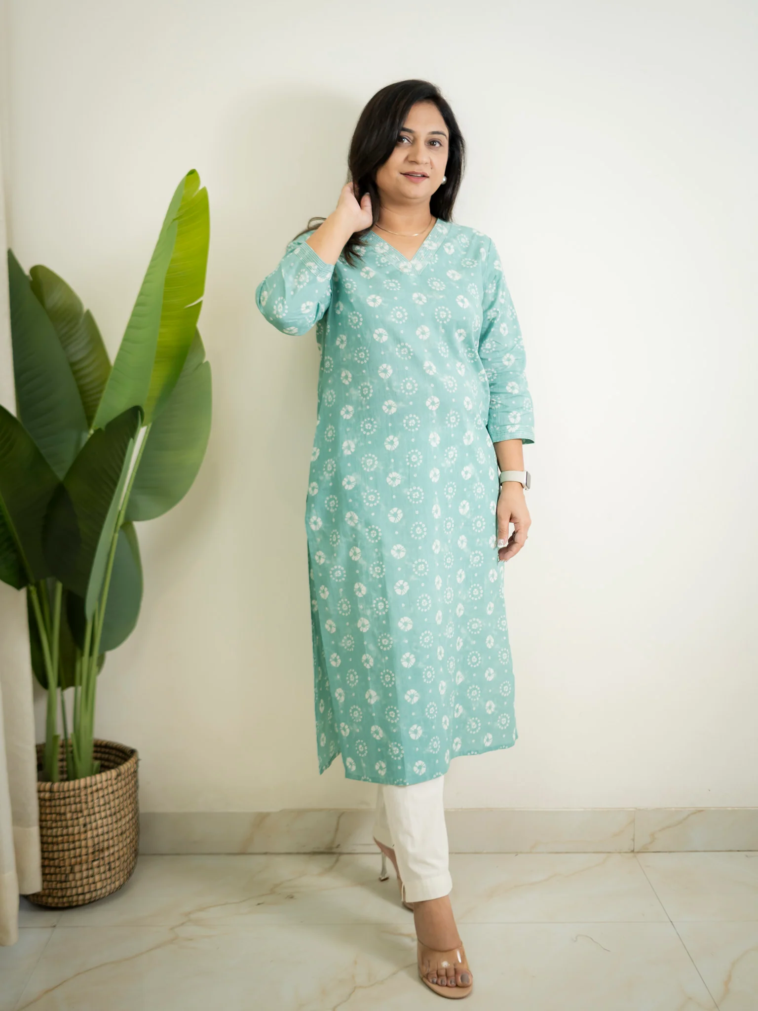 Sky Blue Floral Cotton Casual Straight Kurta - Image 2