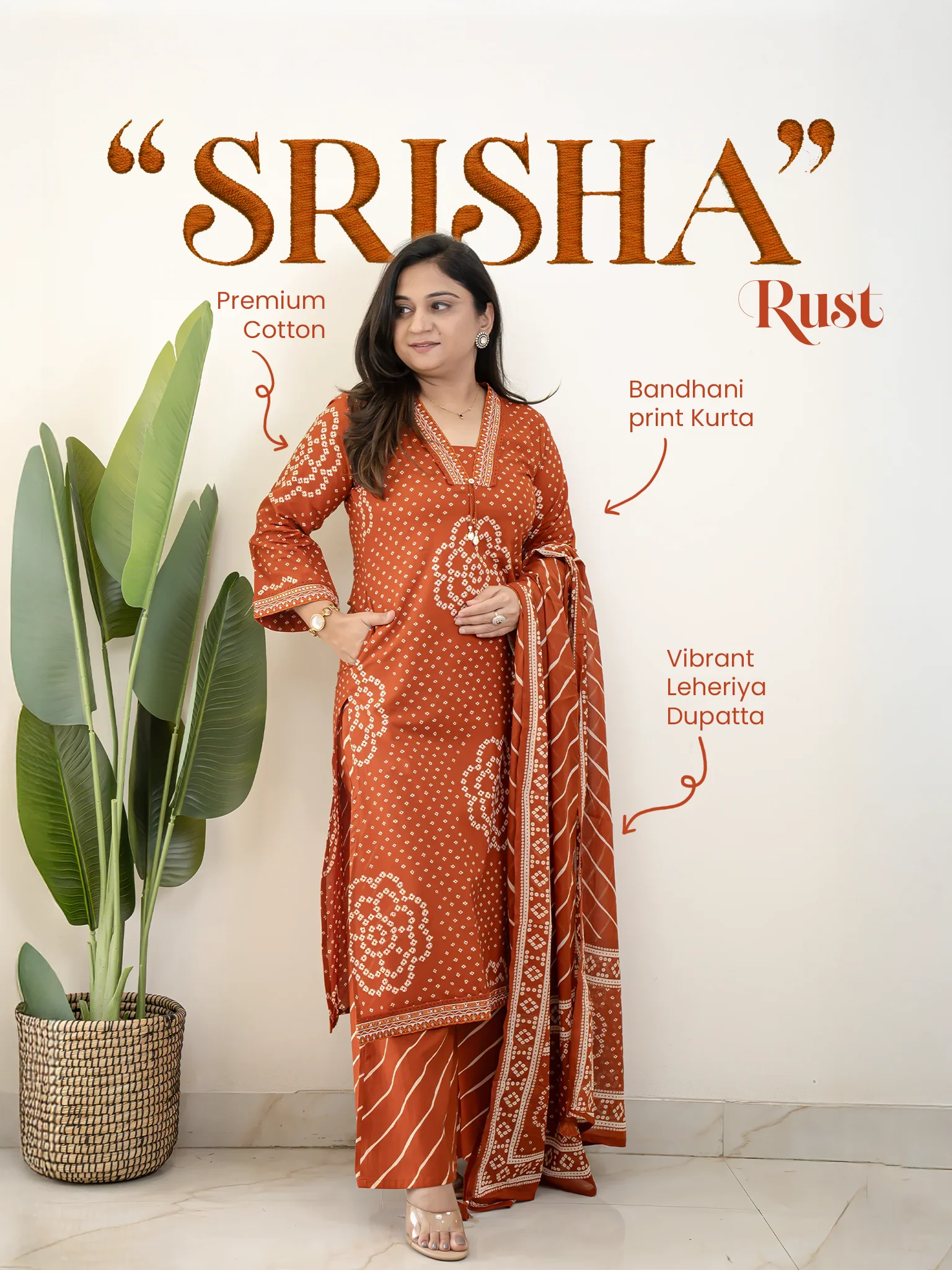 Srisha Rust Cotton Bandhani Leheriya Dupatta Set