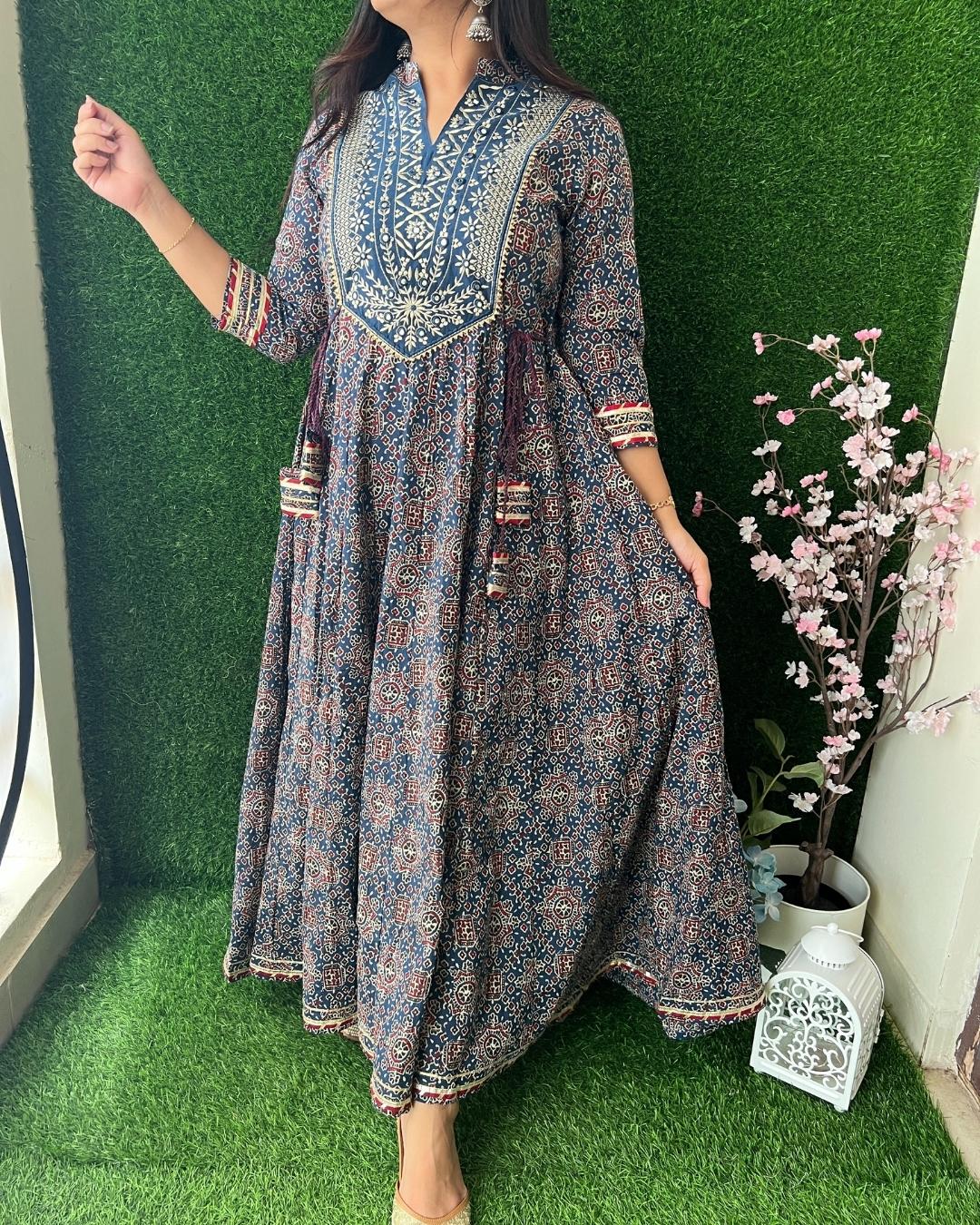 Traditional Ajrakh Cotton Long Dress Blue