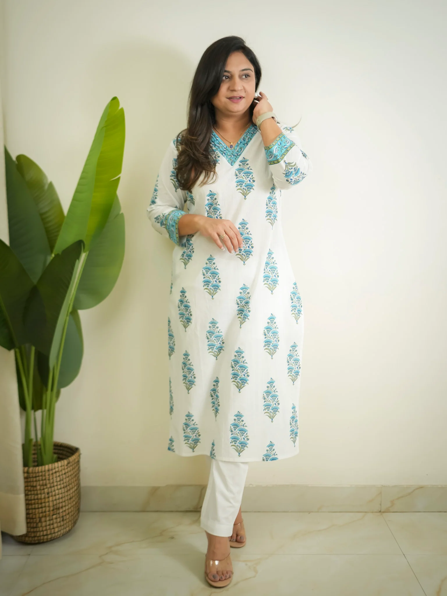 White Blue Handblock Cotton Casual Straight Kurta - Image 2