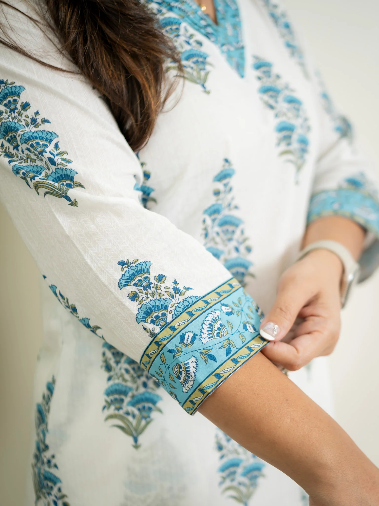 White Blue Handblock Cotton Casual Straight Kurta - Image 6