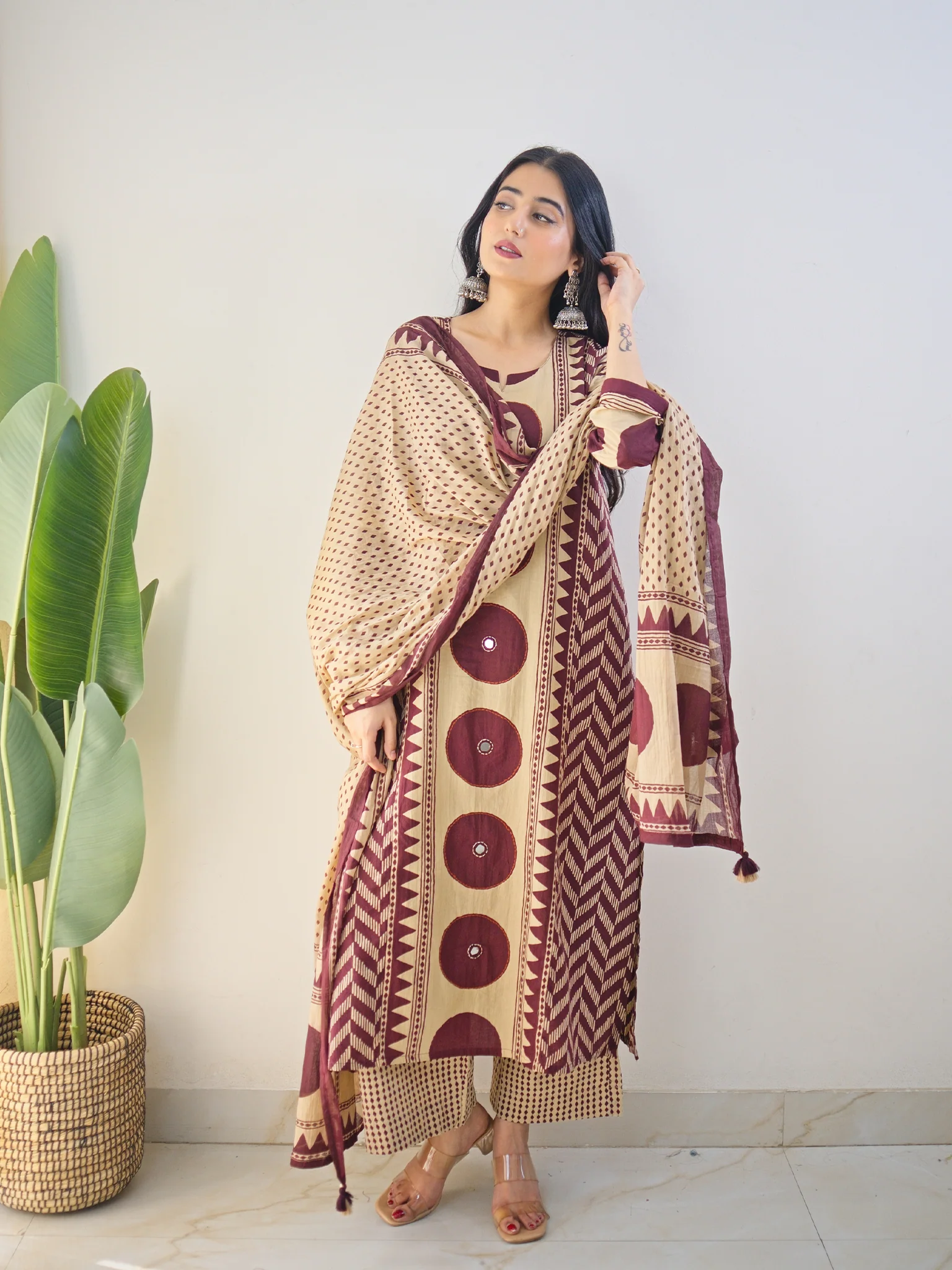 Harshi Wine Cotton Ajrakh Katha Detailed Dupatta Set - Image 3