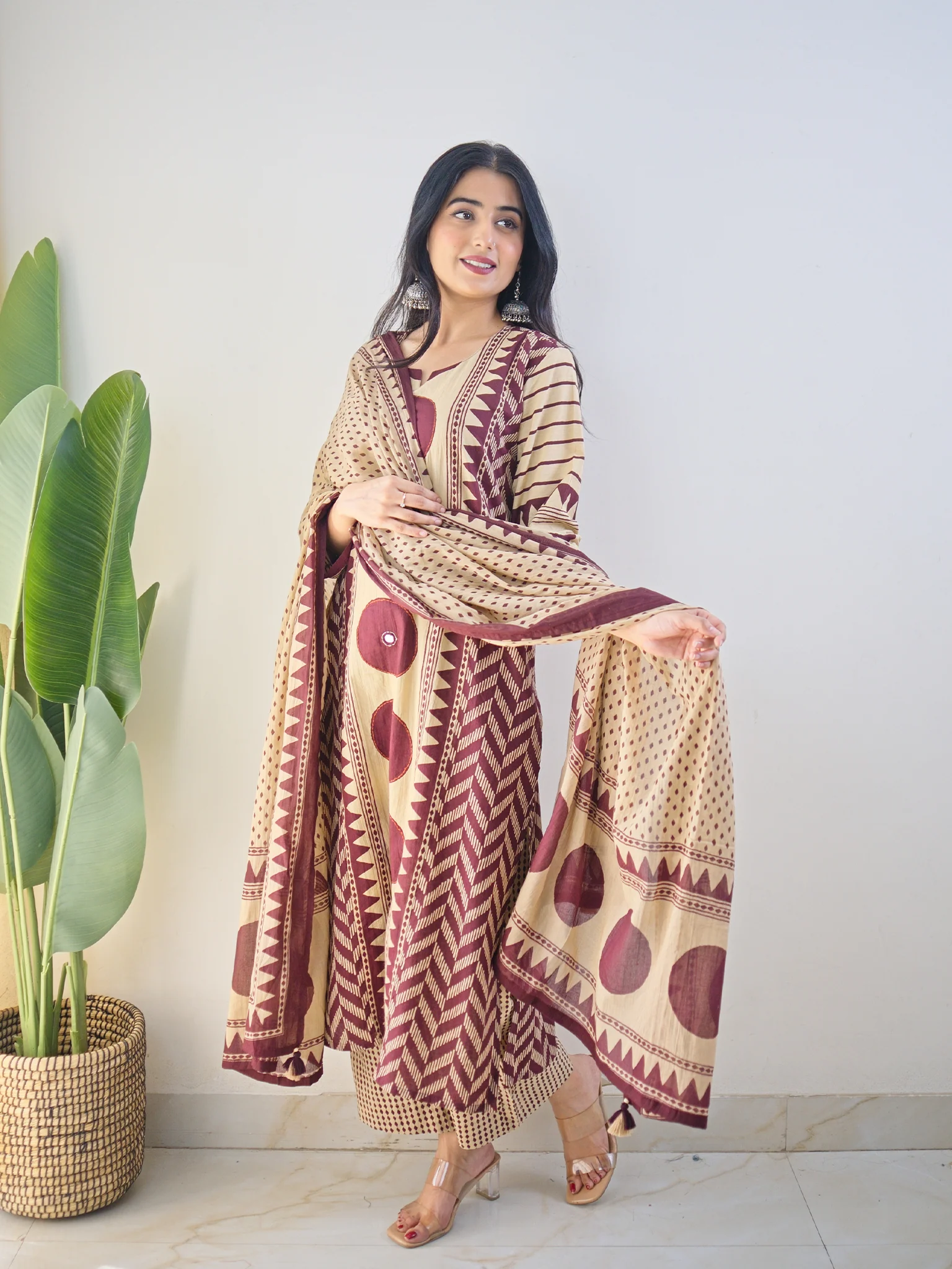 Harshi Wine Cotton Ajrakh Katha Detailed Dupatta Set - Image 4