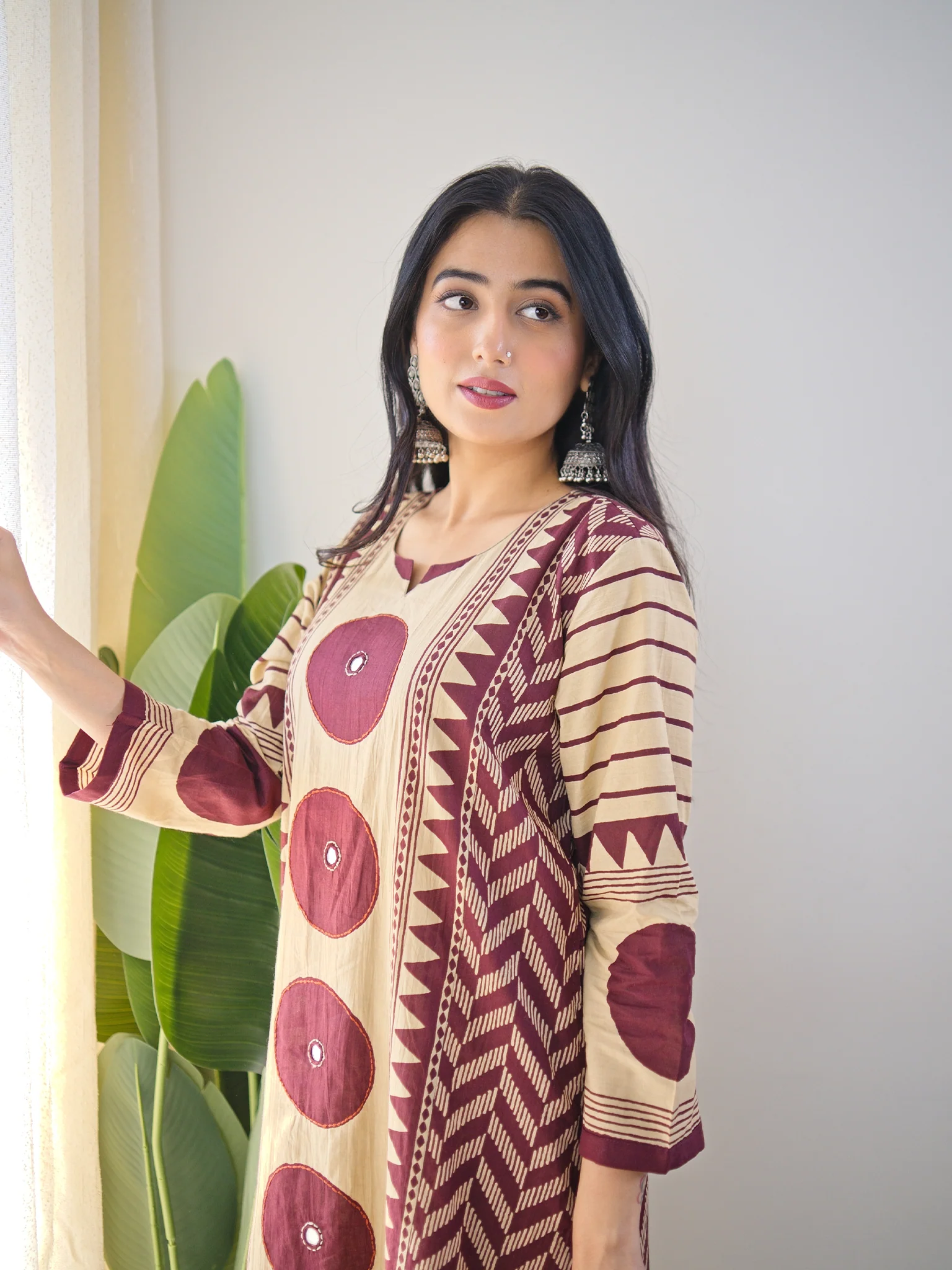 Harshi Wine Cotton Ajrakh Katha Detailed Dupatta Set - Image 5