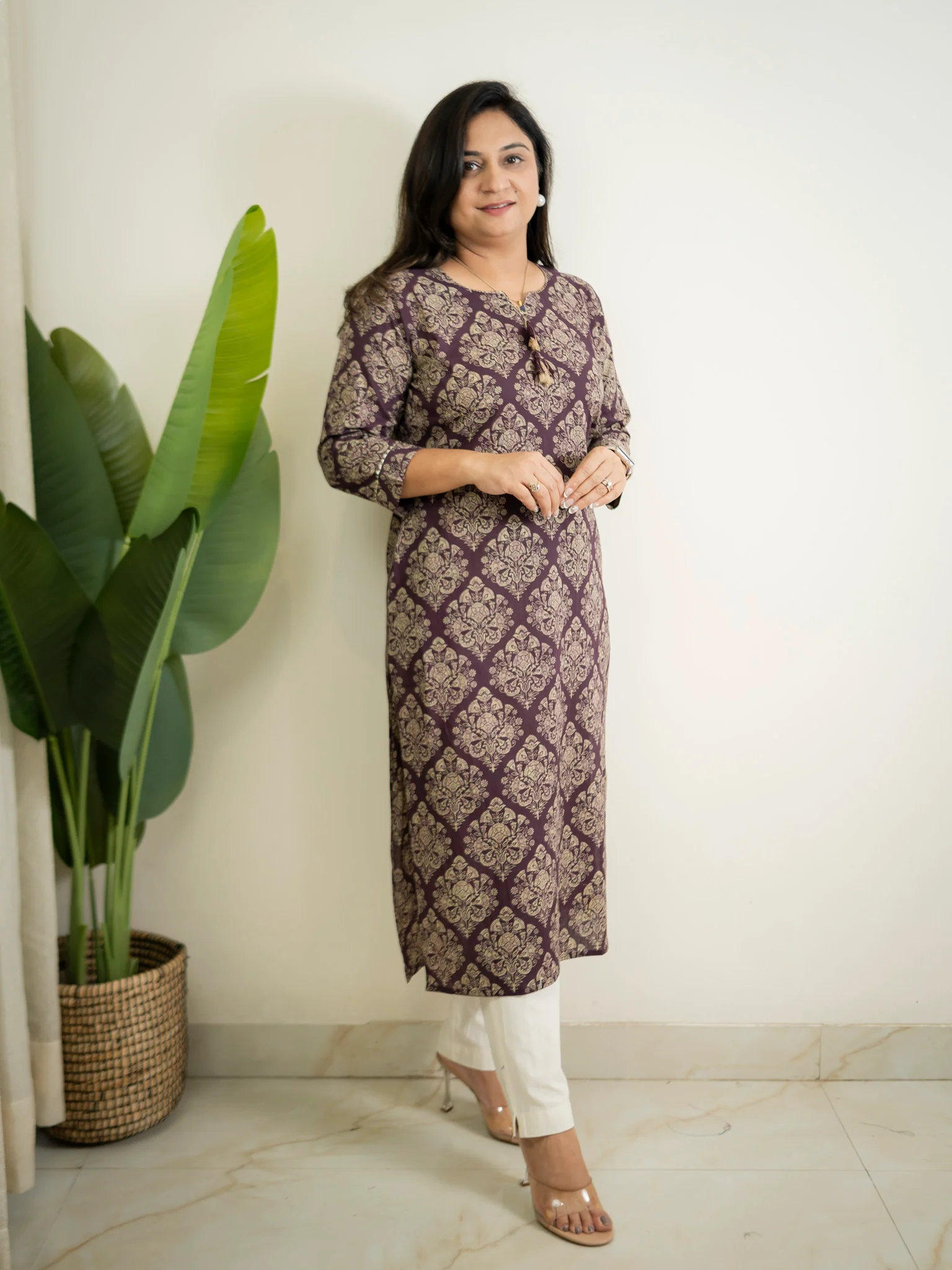Wine Handblock Cotton Casual Straight Kurta