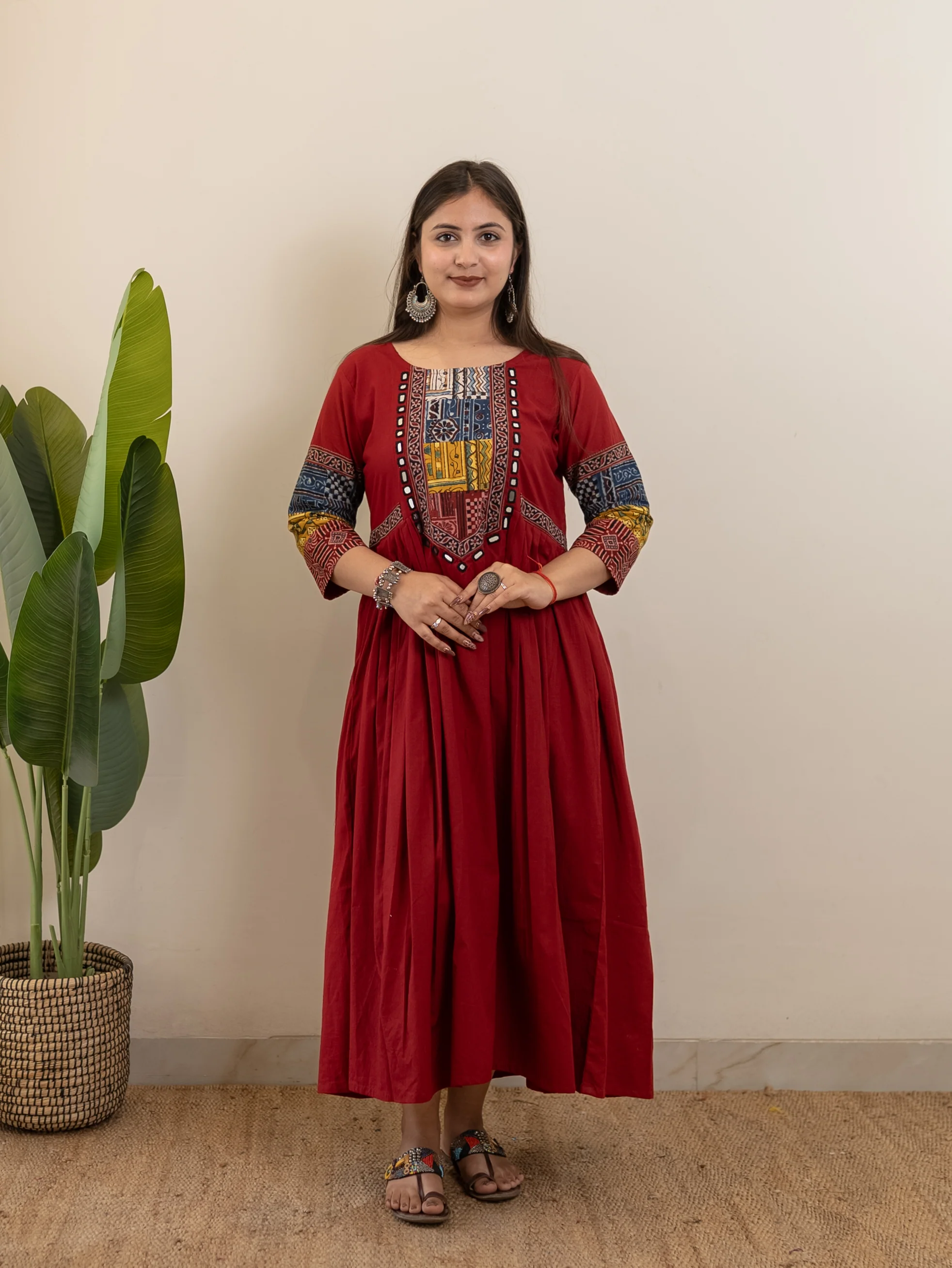 Yashi Red Cotton Ajrakh Embroidered A-line Kurta - Image 2