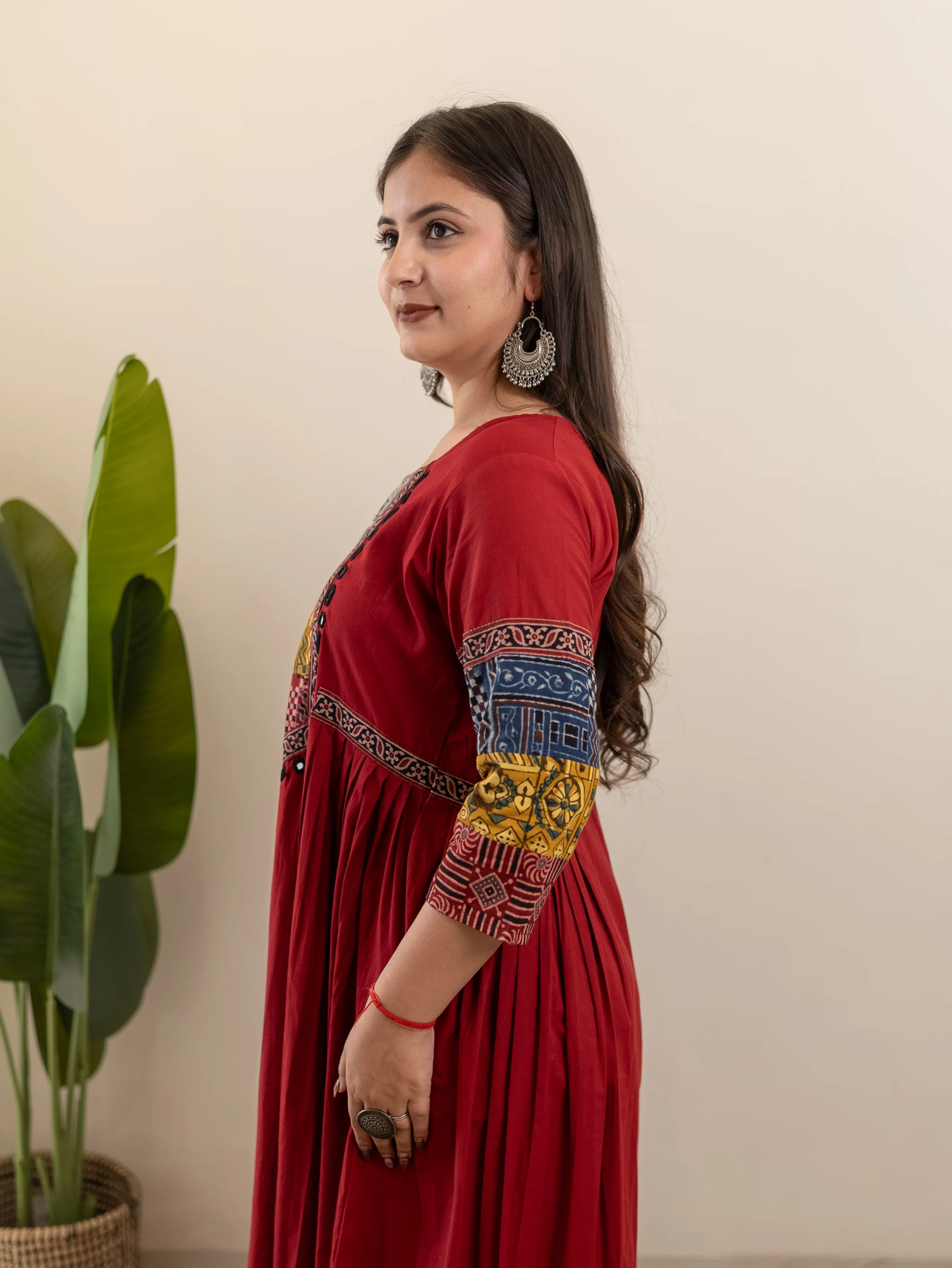 Yashi Red Cotton Ajrakh Embroidered A-line Kurta - Image 4
