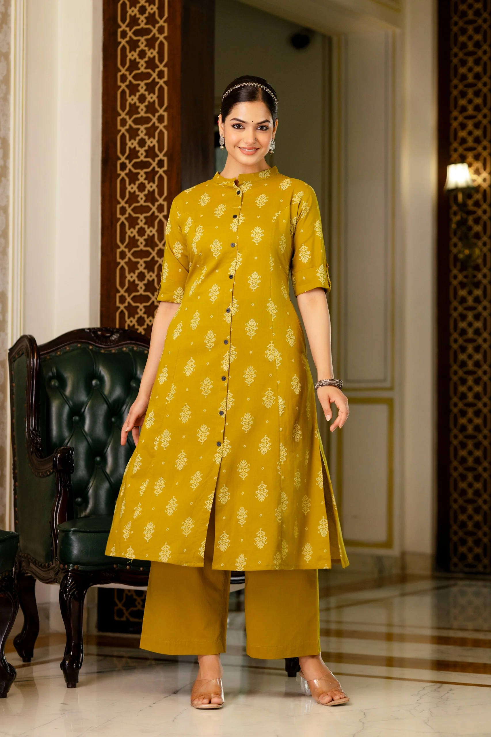 Yellow Jamdani Cotton A-line Coord Set - Image 4