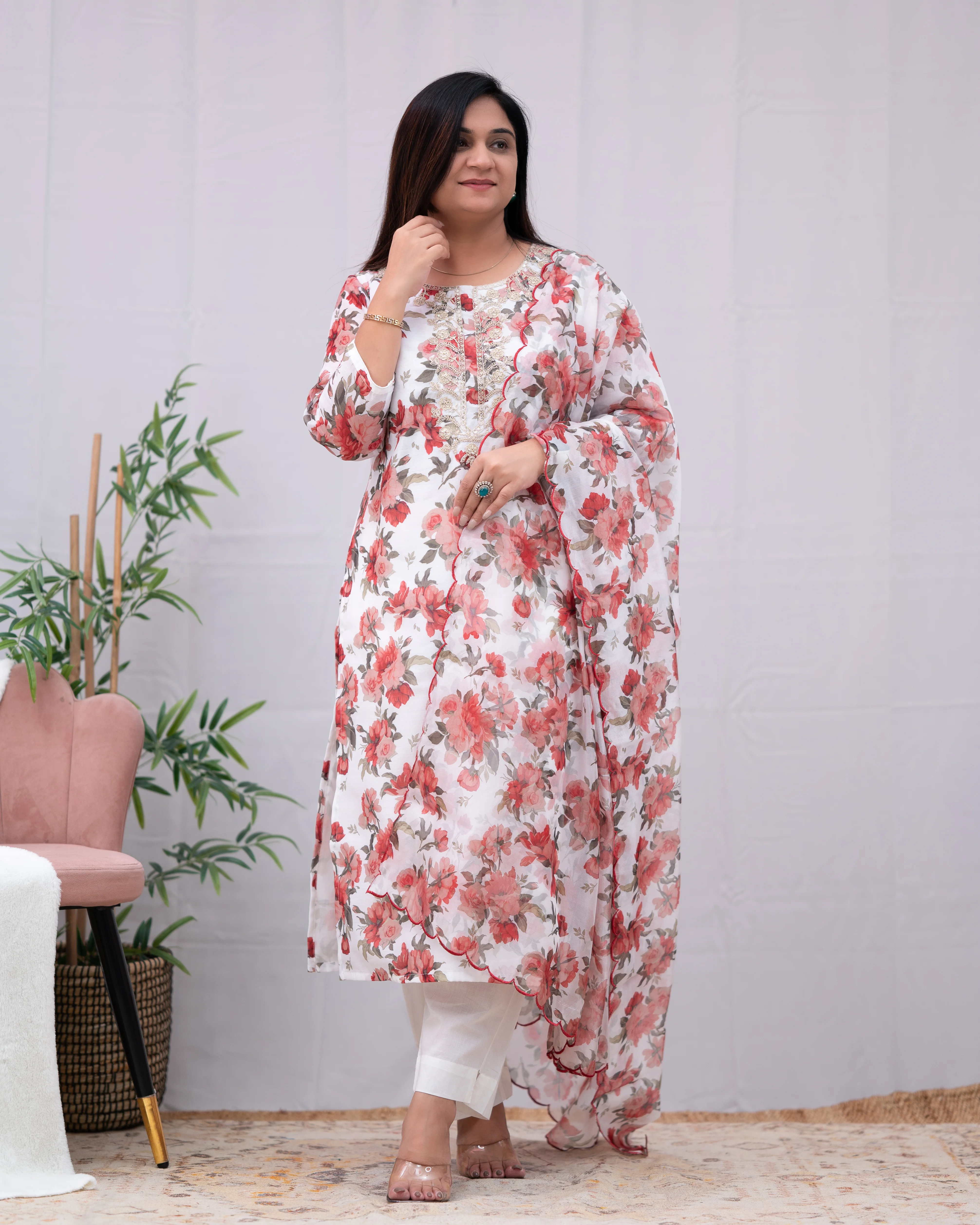 Zaina White Floral Organza Pant Set - Image 2